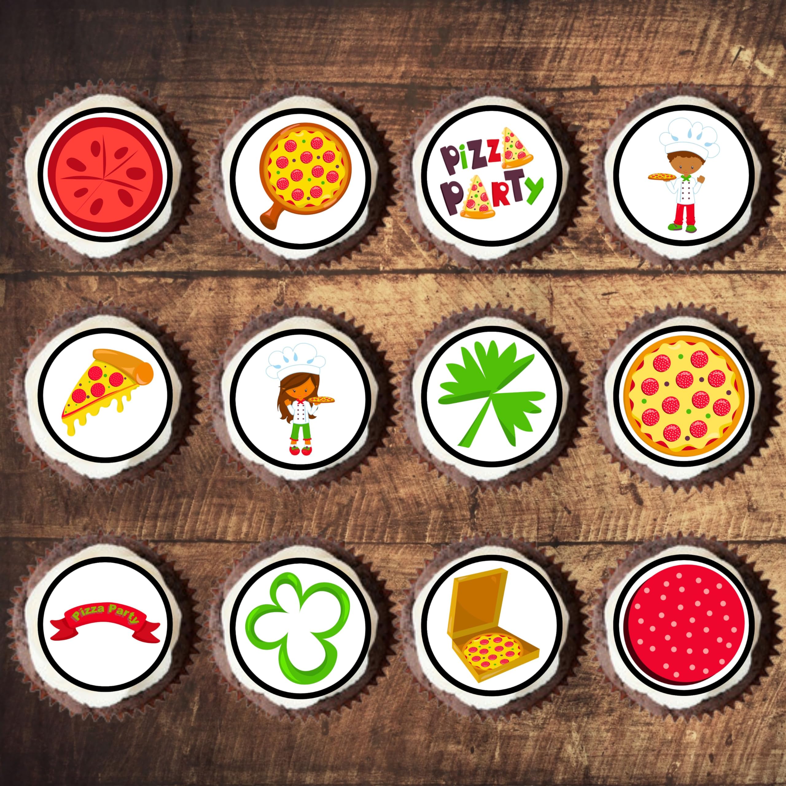24 Edible Pizza Party Cupcake Toppers - Stand-Up Wafer Discs for Cake Decorations | Perfect for Birthday Parties, Baby Showers & Themed Celebrations