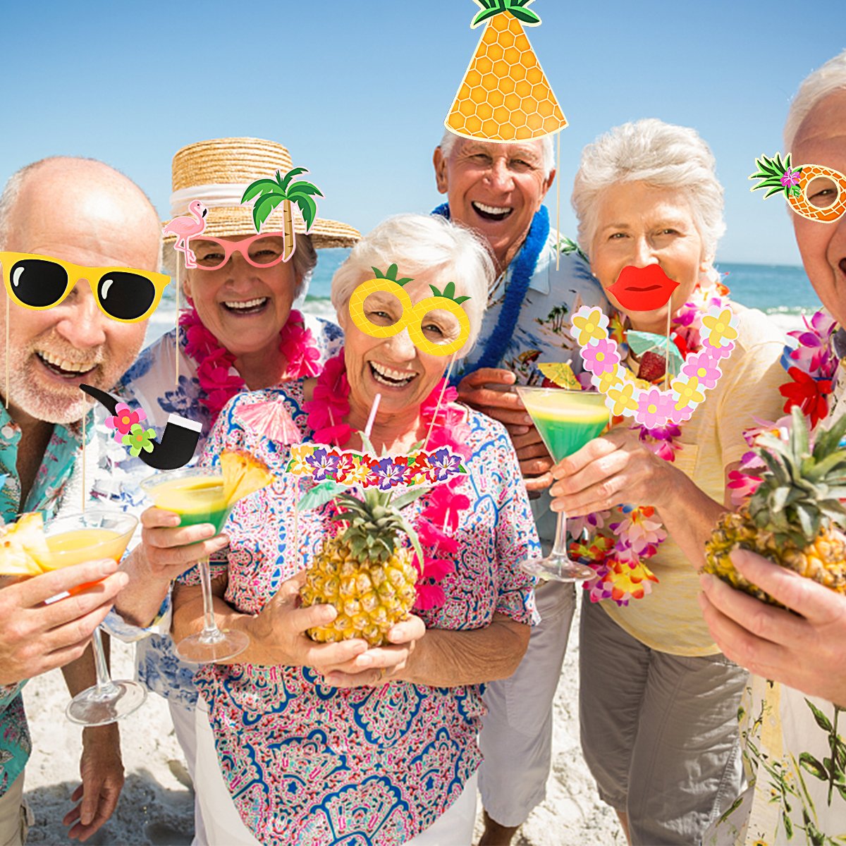 LeeSky 36Pcs Luau Photo Booth Props Kit - Colorful Floral Tropical Theme - Cardstock & Wood Sticks - Perfect for Hawaiian Luau, Beach Party, Summer Vacation, Tiki Theme & Tropical Events - Great for Birthday, Wedding, Baby Shower & Holiday Celebrations