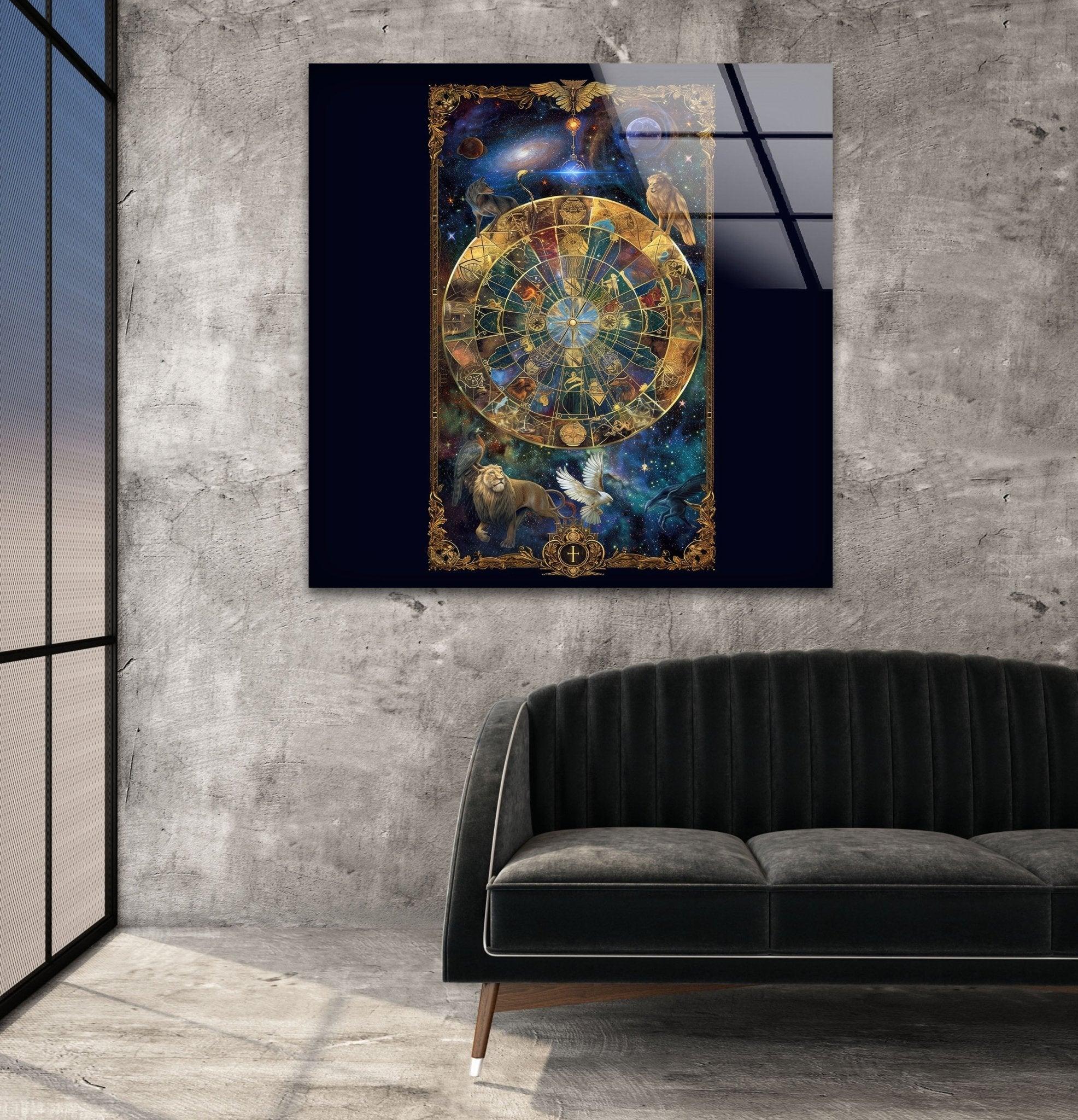 Celestial Astrology Glass Wall Art Decor - Handmade Zodiac Sign Mural for Home, Office & Meditation Room - Perfect for Spiritual Spaces & Gift Giving