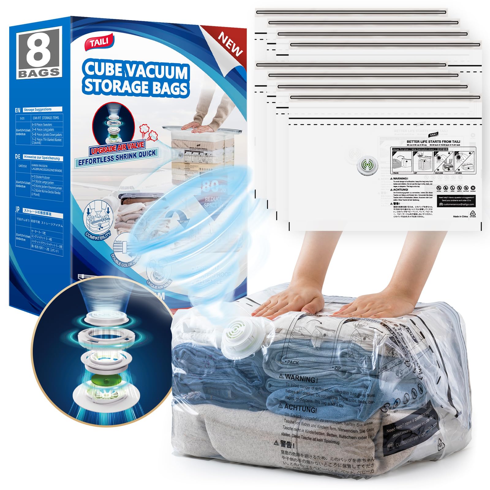 TAILI 8 Pack Medium Vacuum Storage Bags (25x19x11 inch) - Reusable Space Saver Compression Bags for Travel Suitcases & Luggage | Perfect for Organizing Clothes, Blankets & Seasonal Storage