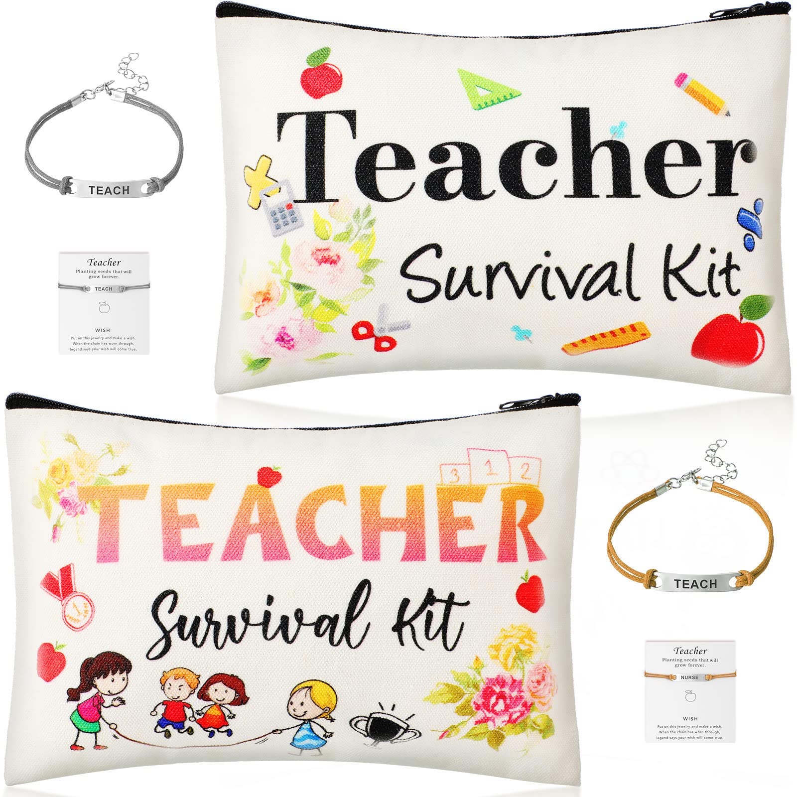 4-Piece Teacher Appreciation Gift Set - Includes Survival Kit Bag, Makeup Pouch, Pencil Case & Blessing Card Bracelet | Delicate Style Cosmetic Bag (7.9x5.3 Inches) Perfect for Teacher's Day, End of Year Gifts & Thank You Presents