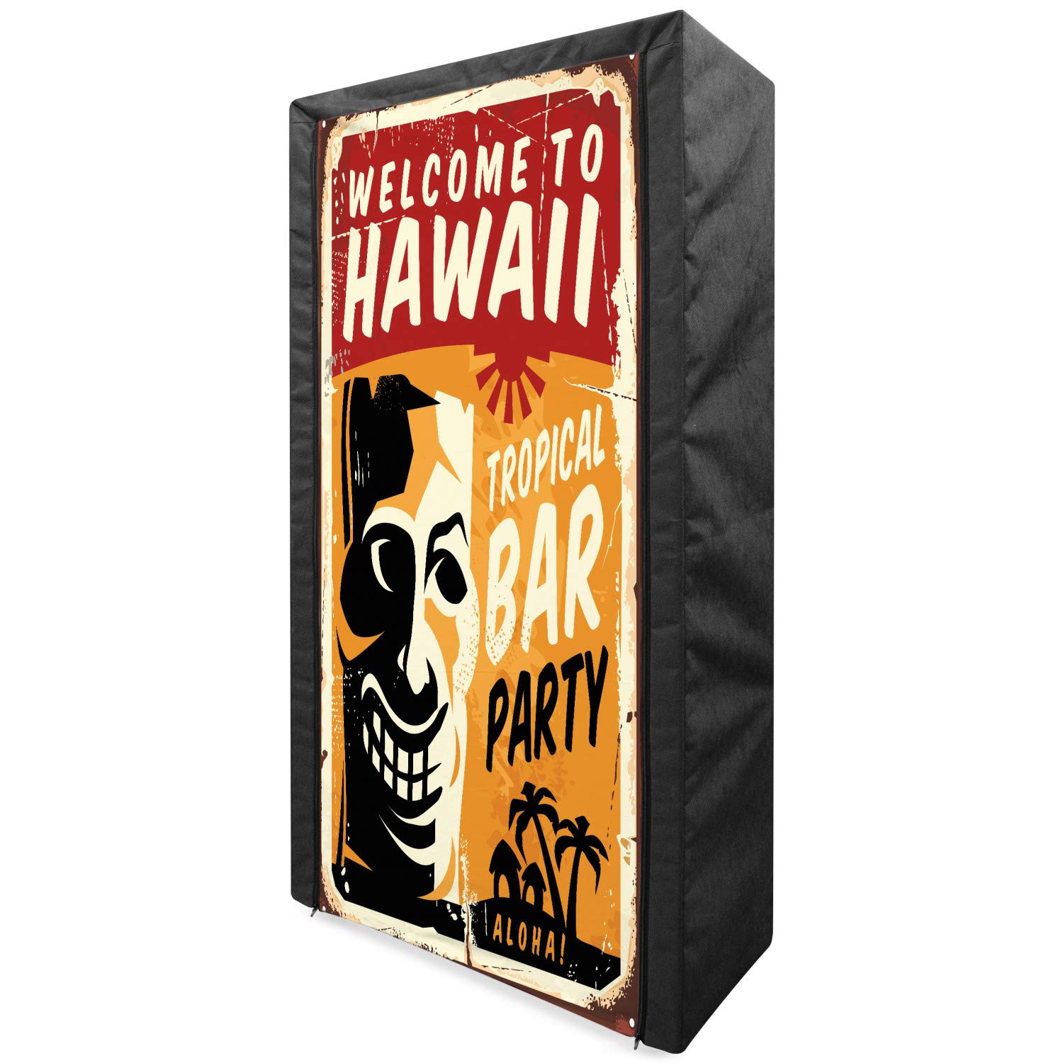 Ambesonne Tiki Bar Portable Fabric Wardrobe - Tropical Hawaii Party Decor, Retro Grunge Signboard Art Print, 33.5 Inch Multicolor Clothing Organizer with Shelves for Bedroom, Closet & Dorm Storage | Perfect for Beach Themed Parties, Luau Decorations & Boho Home Organization