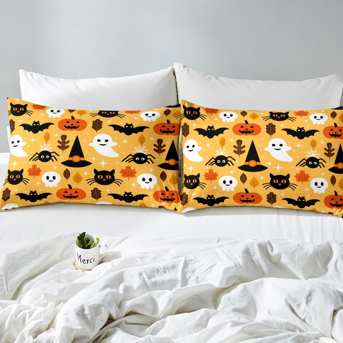 Erosebridal Halloween Bed Sheet Set - Full Size Cartoon Pumpkin & Lantern Print 4-Piece Bedding Set (Fitted Sheet, Flat Sheet, 2 Pillowcases) - Spooky Ghost Design for Kids Boys Girls - Perfect for Halloween Decor & Themed Bedrooms