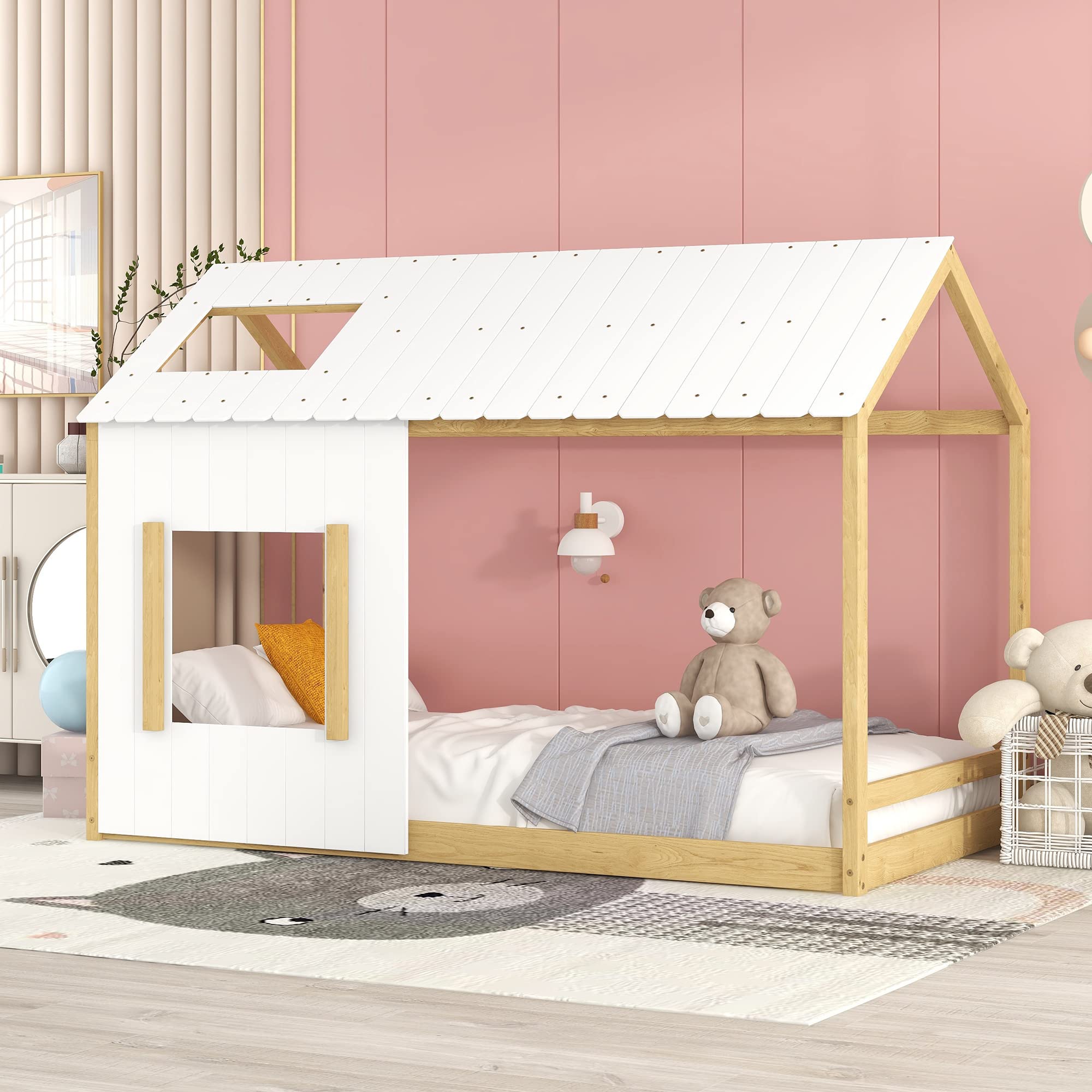 Harper & Bright Designs Twin Size Wooden House Bed for Kids - Montessori Floor Bed with Roof & Window - Fun Playhouse Cabin Bed Frame for Girls, Boys & Children - White & Natural - Perfect for Bedrooms, Playrooms & Montessori Learning Spaces