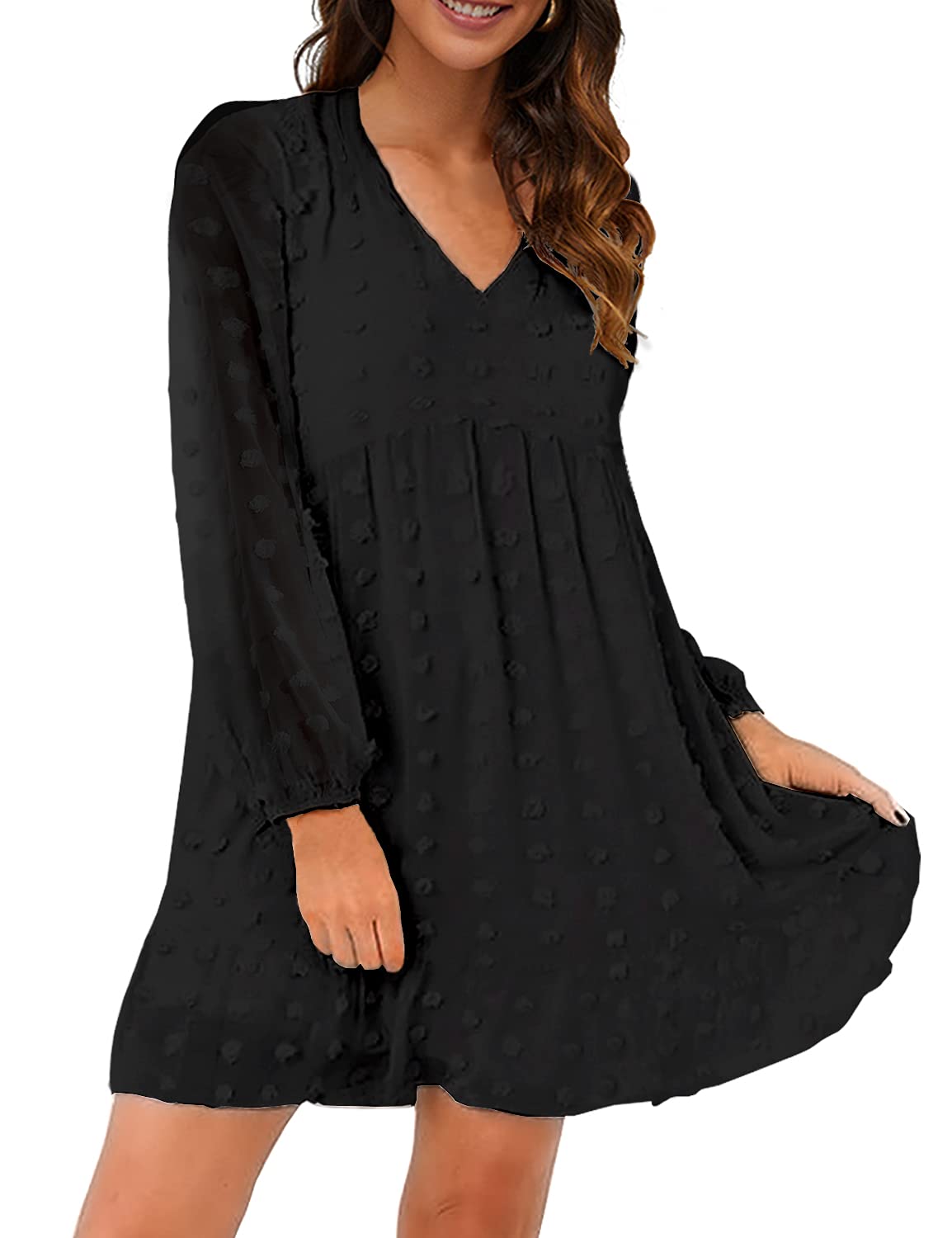 Blooming Jelly Women's White Flowy Babydoll Dress - Chiffon Long Sleeve V-Neck Mini Tunic Dress for Casual Wear, Date Night & Summer Outfits