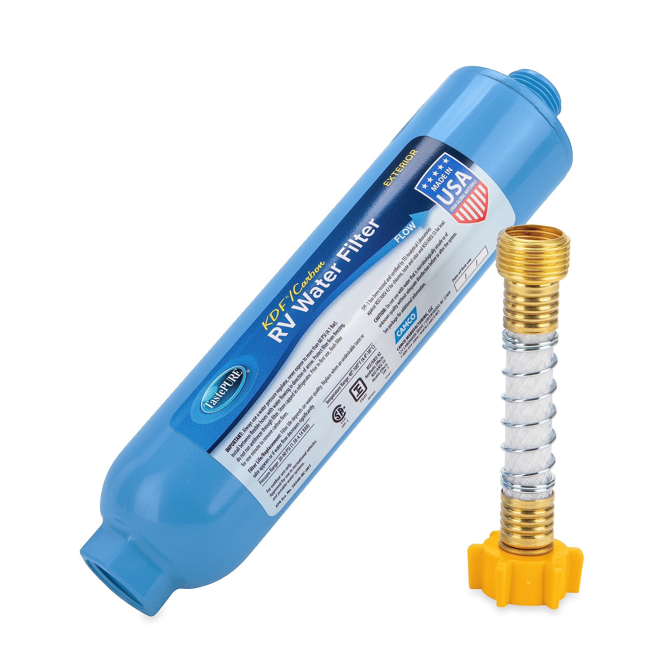 **Camco TastePURE RV Water Filter & Hose Protector – Inline Filtration for Clean, Fresh Water – Reduces Bad Taste, Odor, Chlorine & Sediment – Perfect for RVs, Campers, Travel Trailers & Boats – Made in USA (40043) – Great for Camping, Road Trips & Outdoor Adventures**