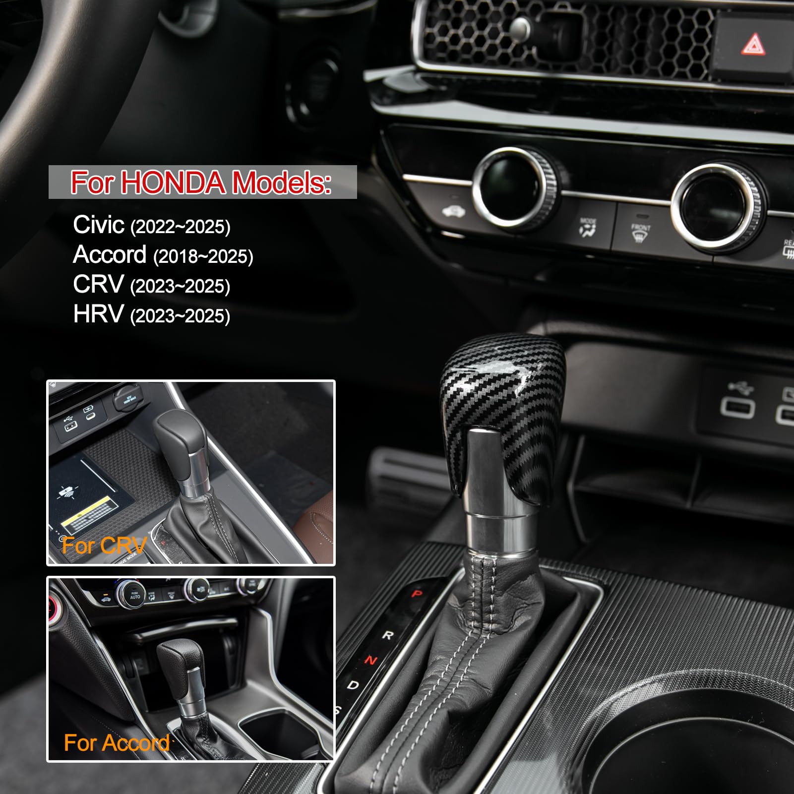 Honda Civic CRV HRV Accord Gear Shift Knob Cover - Carbon Fiber Console Trim Cap Compatible with 2018-2025 Models | Car Interior Accessories for Enhanced Driving Comfort & Style