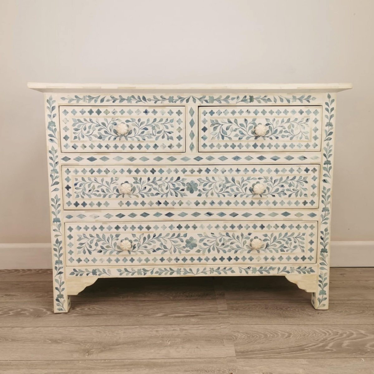 Handmade Bone Inlay Dresser with Floral White & Blue Design - 4 Drawer Storage Chest for Bedroom, Living Room, or Entryway Organization