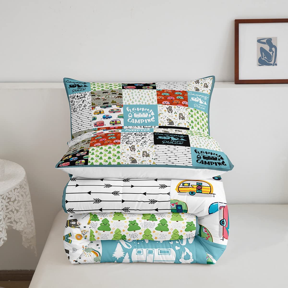 Feelyou Camping Theme Bedding Set - Kids Camper Comforter Set with Travel Car Pattern, Queen Size Duvet Cover for Boys & Girls | Perfect for Camping Trips, RV Adventures & Cozy Bedroom Decor
