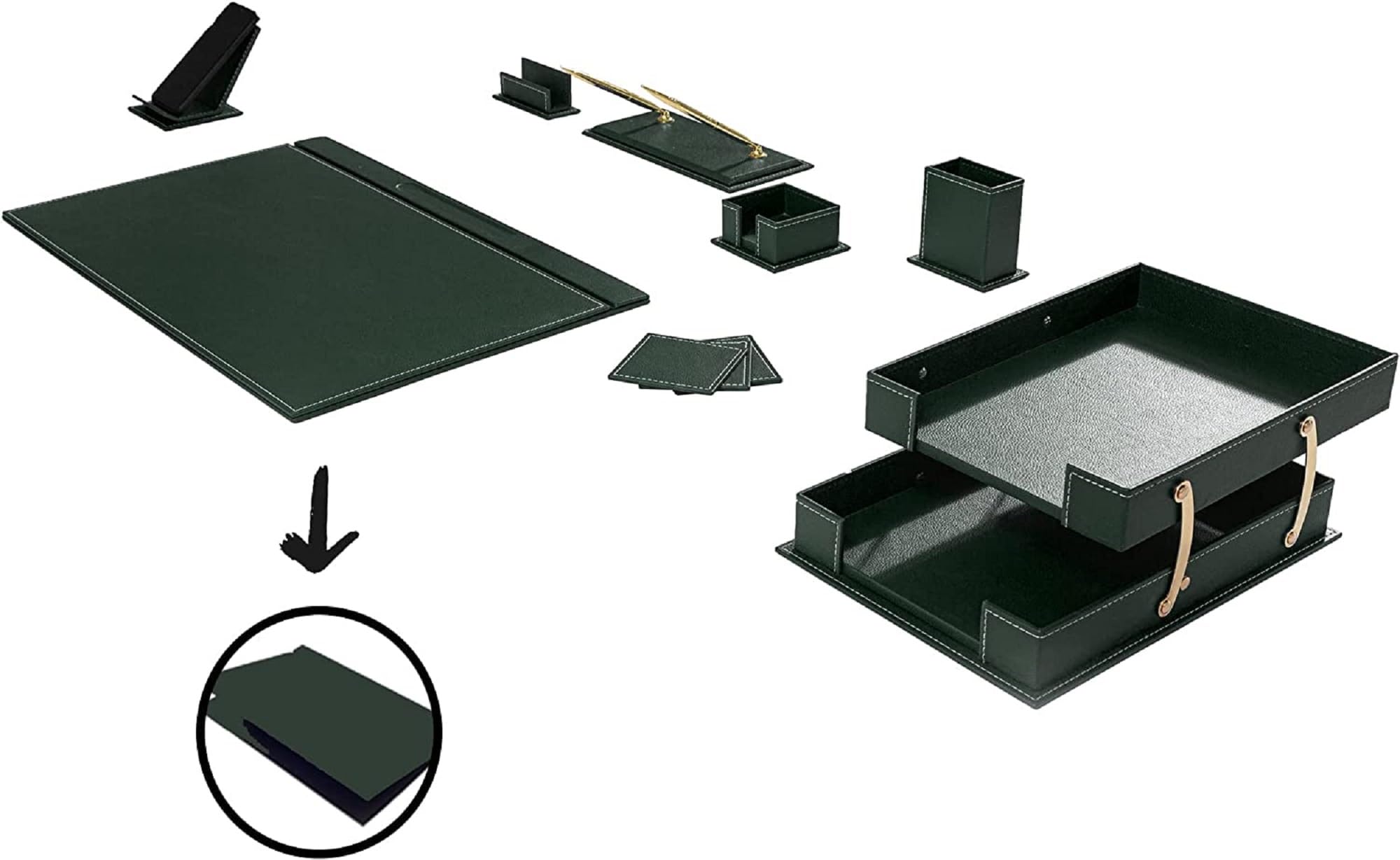 Premium Bonded Leather Desk Pad Set - Green Office Desk Organizer with Pen Holder & Accessories for Home & Office Workspace Organization