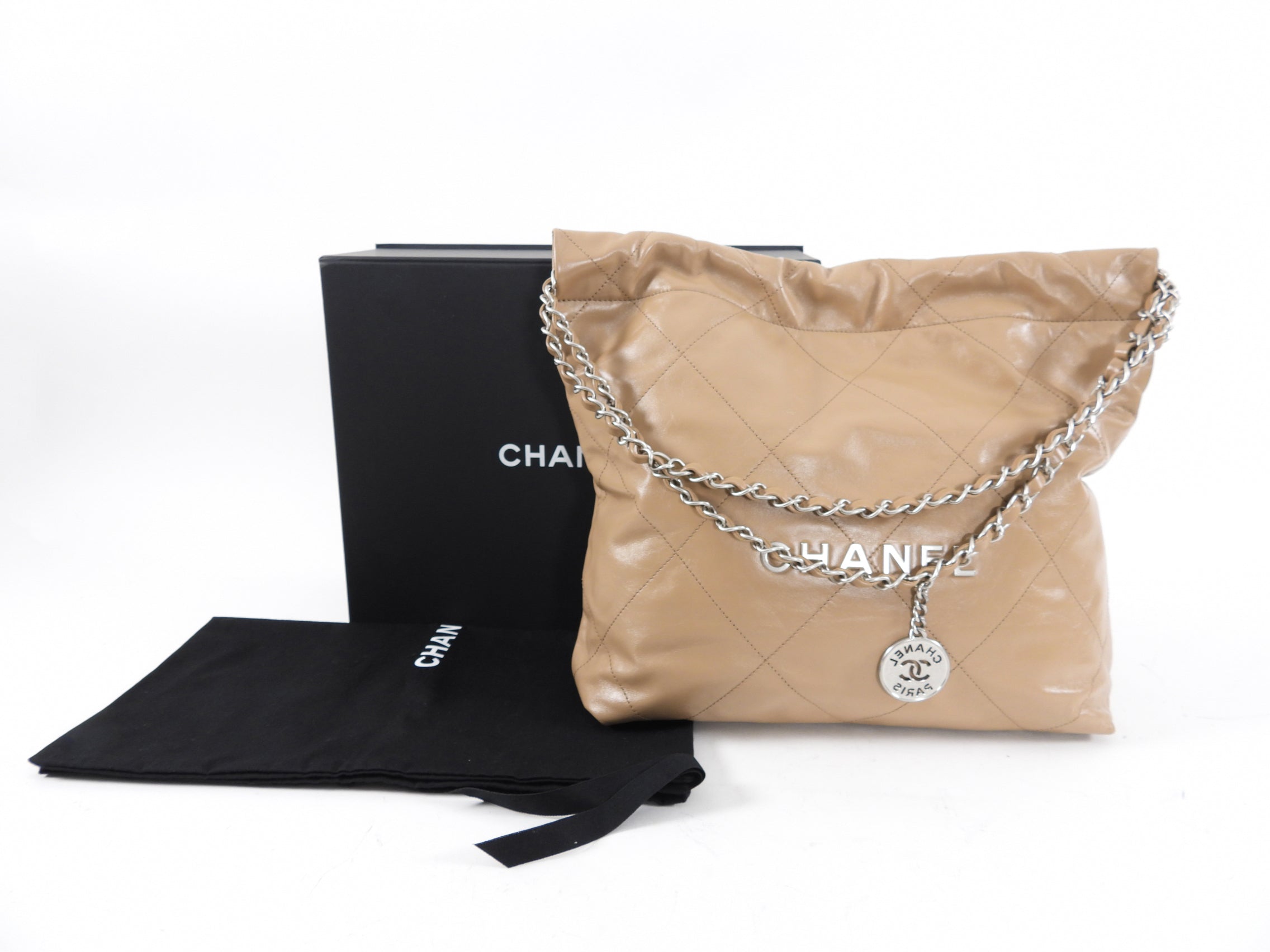 Chanel 22 Beige Glossy Leather Medium Chain Shoulder Bag - Luxury Designer Handbag for Women, Perfect for Date Night & Special Occasions