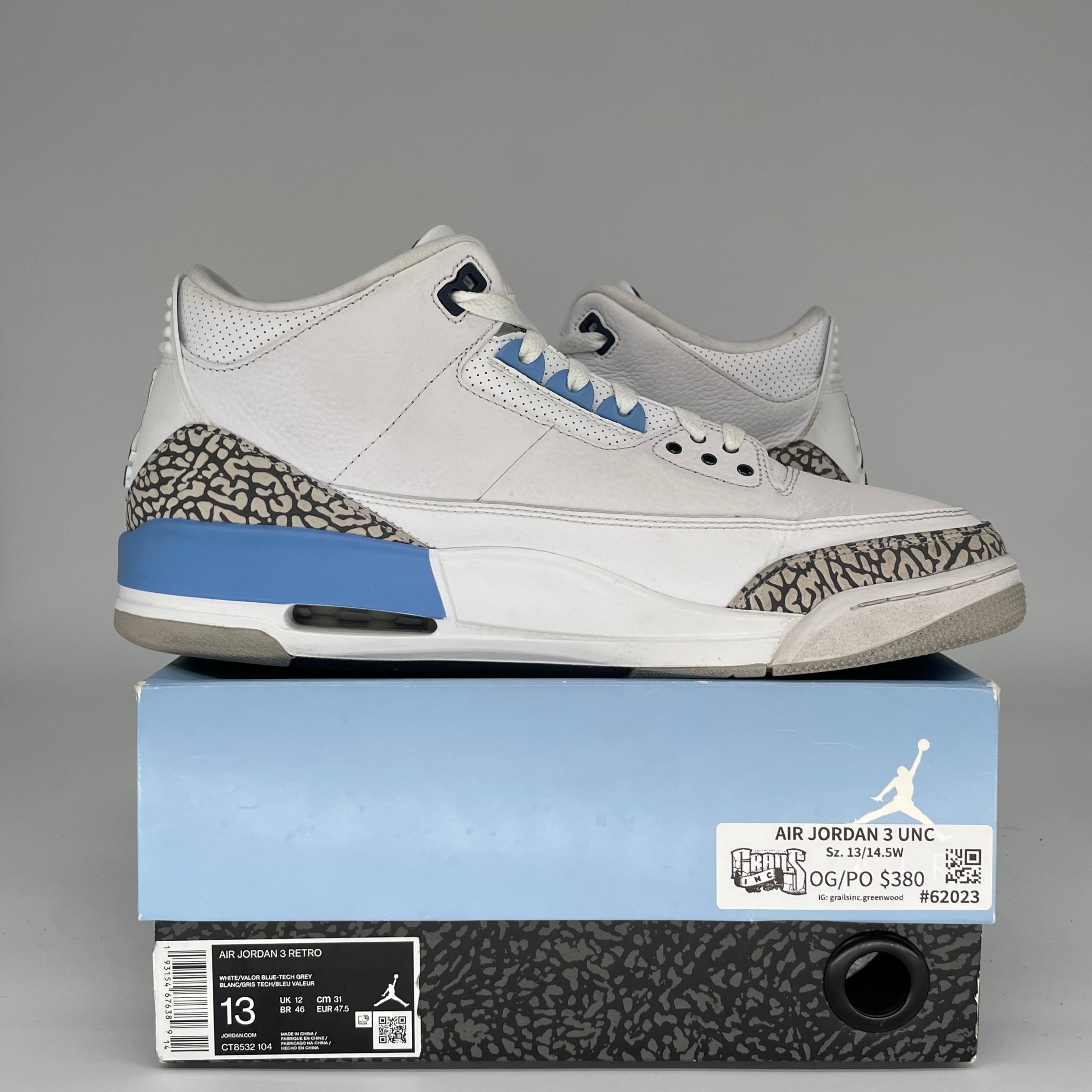 Original Air Jordan 3 UNC Men's Basketball Shoes Size 13 - CT8532-104 | Retro Sneakers for Casual Wear & Street Style