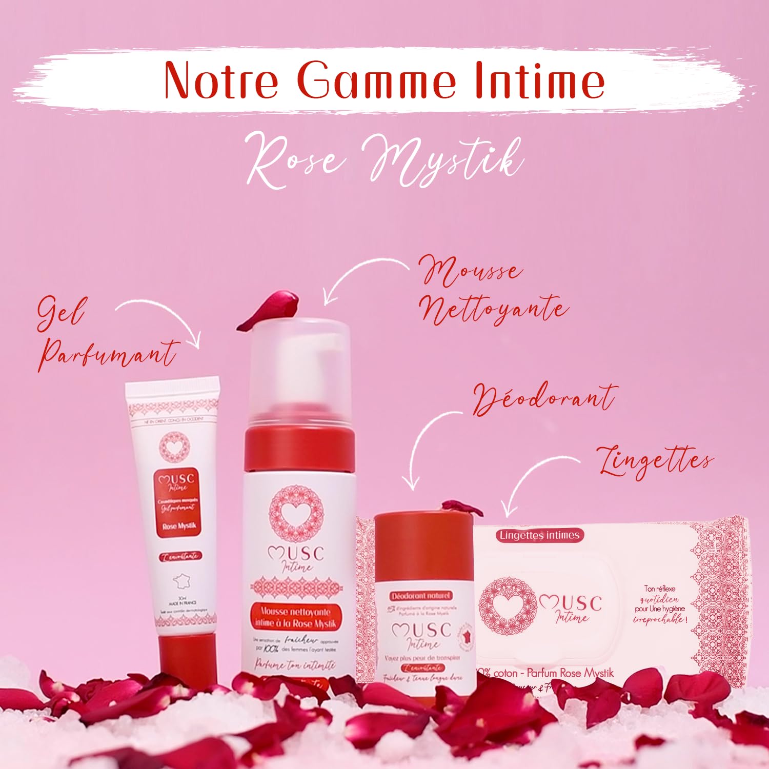 MUSC INTIME - The Intimate Ritual Musk Set - Enchanting Mystique Rose Foam 150ml, Deodorant 50g, Perfume 30ml & 30 Rose Wipes - 4 Step Intimate Freshness Kit for Women - Perfect for Daily Hygiene, Travel & Special Occasions