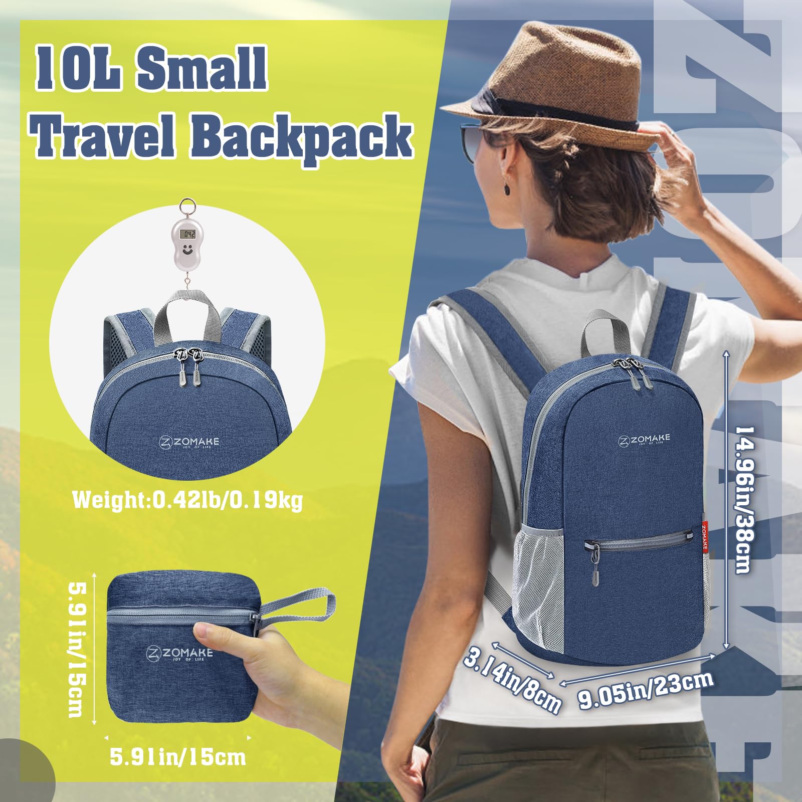 ZOMAKE 10L Lightweight Packable Hiking Backpack - Water-Resistant Foldable Daypack for Women & Men - Perfect for Travel, Camping, Hiking and Outdoor Adventures