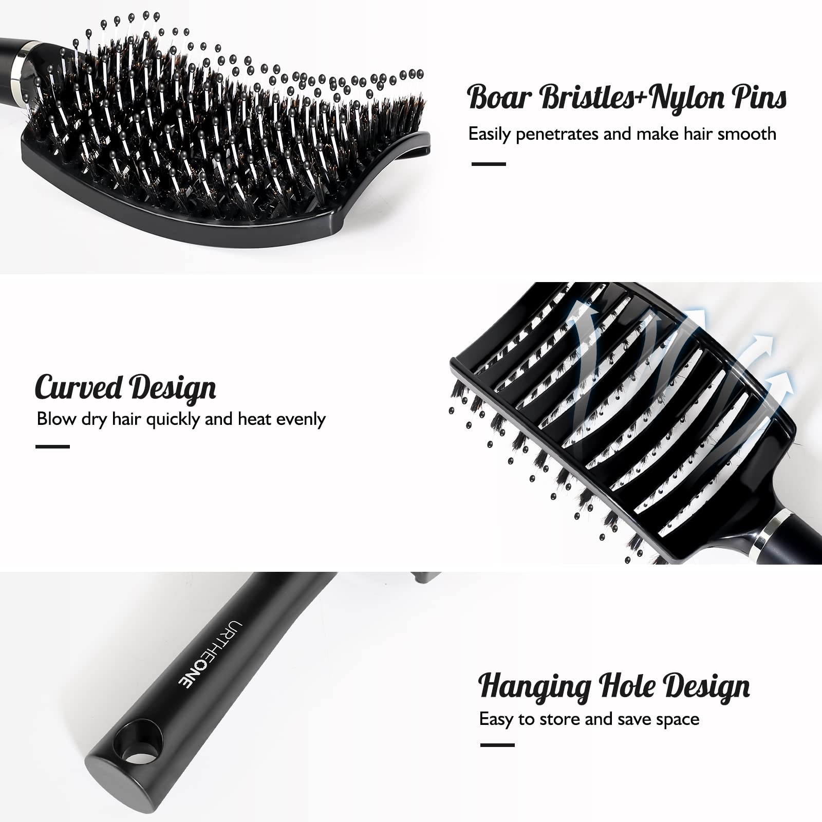 Boar Bristle Detangling Hairbrush for Women, Men & Kids – Smoothing Brush for Curly, Thick, Long or Short Hair – Wet & Dry Use – Curved Vented Design for Faster Blow Drying – Perfect for Home, Travel & Salon Styling (Black)