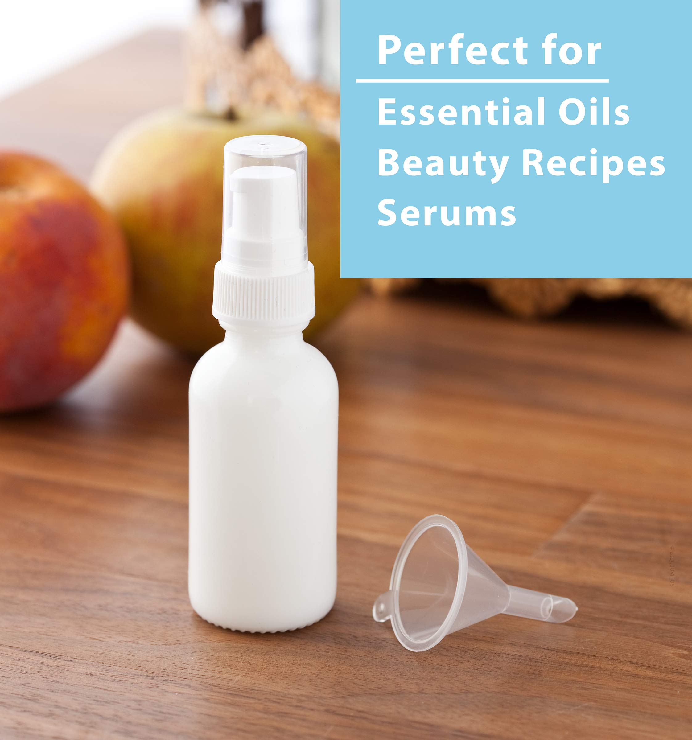 JUVITUS 1 oz Opal White Glass Boston Round Bottle with White Treatment Pump (24 Pack) + Funnel - Perfect for Essential Oils, DIY Skincare, and Cosmetic Packaging