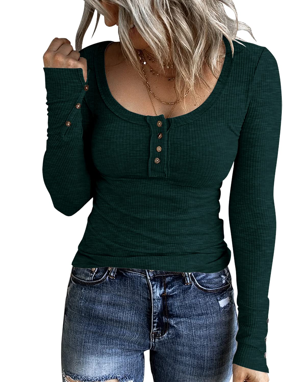 KINLONSAIR Women's Long Sleeve Henley T-Shirts - Button Down Slim Fit Ribbed Knit Tops with Scoop Neck | Casual Workwear & Layering Essentials