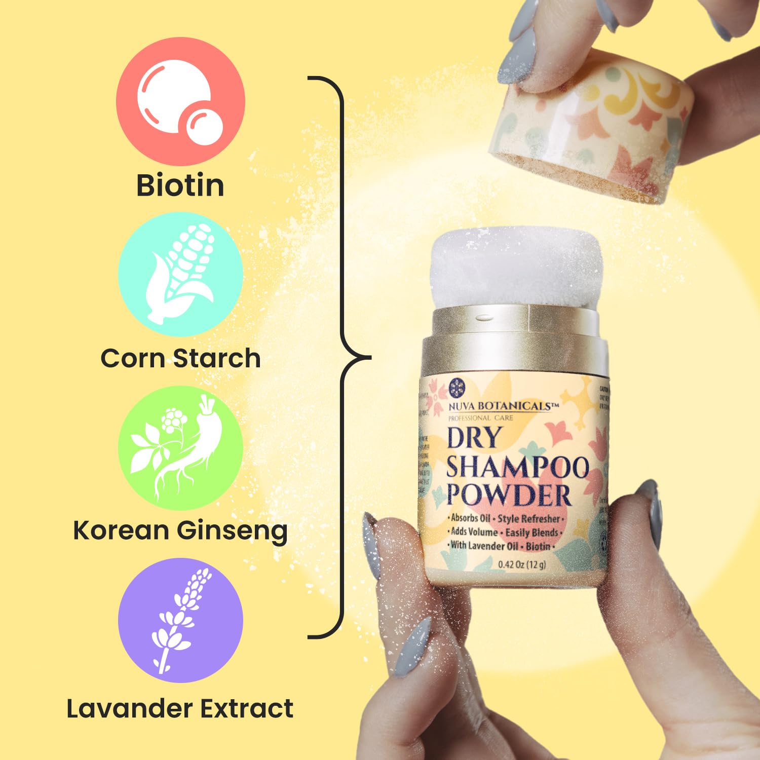 Biotin & Lavender Dry Shampoo Powder with Korean Ginseng - Volumizing & Oil Absorbing Travel Size (0.42 oz) for Women & Men - Perfect for Gym, Travel & Quick Hair Refresh