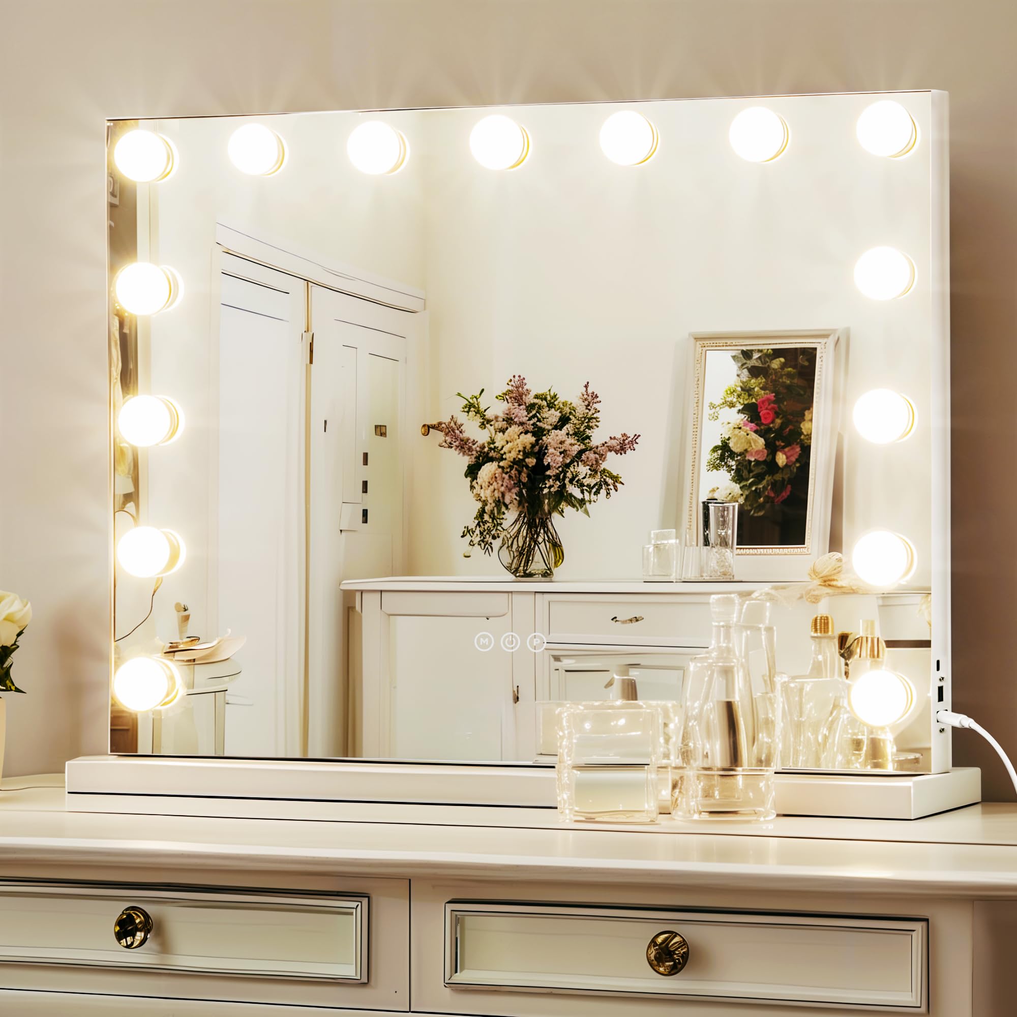 Suidia 15 LED Lighted Vanity Mirror with Dimmable Touch Control, 3 Color Lighting & USB Power - 22.8 x 18.1 Inch White Makeup Mirror for Bedroom, Bathroom & Dressing Room