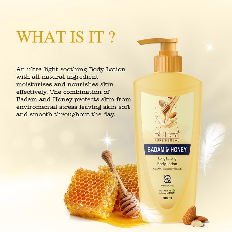 BIOFRESH HERBALS Almond & Honey 24-Hour Moisturizing Body Lotion - Lightweight, Non-Greasy Winter Skin Care Cream for Dry & Sensitive Skin (300ml) - Perfect for Daily Hydration & Nighttime Nourishment