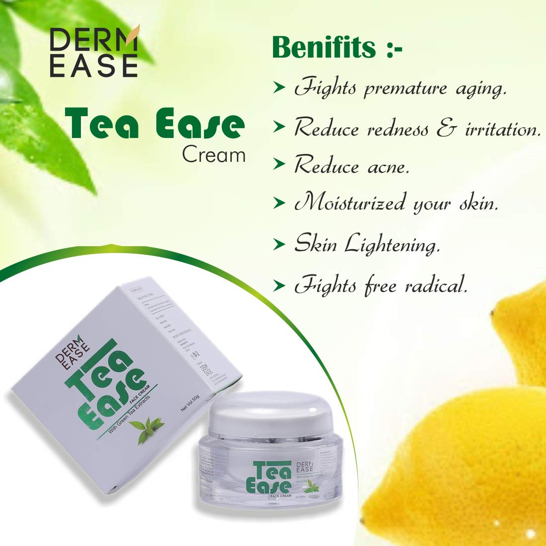 Derm Ease Tea Ease Face Cream SPF 30/PA++ with Green Tea & Lemon Extract - Oil Control & Acne Treatment for Oily Skin - Pack of 2 (50g Each) - Daily Sun Protection & Skincare Routine