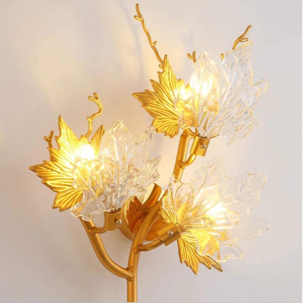 Modern Crystal Maple Leaf Wall Lamp - Luxury Gold LED Wall Light for Living Room & Hotel Decor - 2 Candle Designer Lighting (Warm White) | Elegant Home & Commercial Lighting Solution