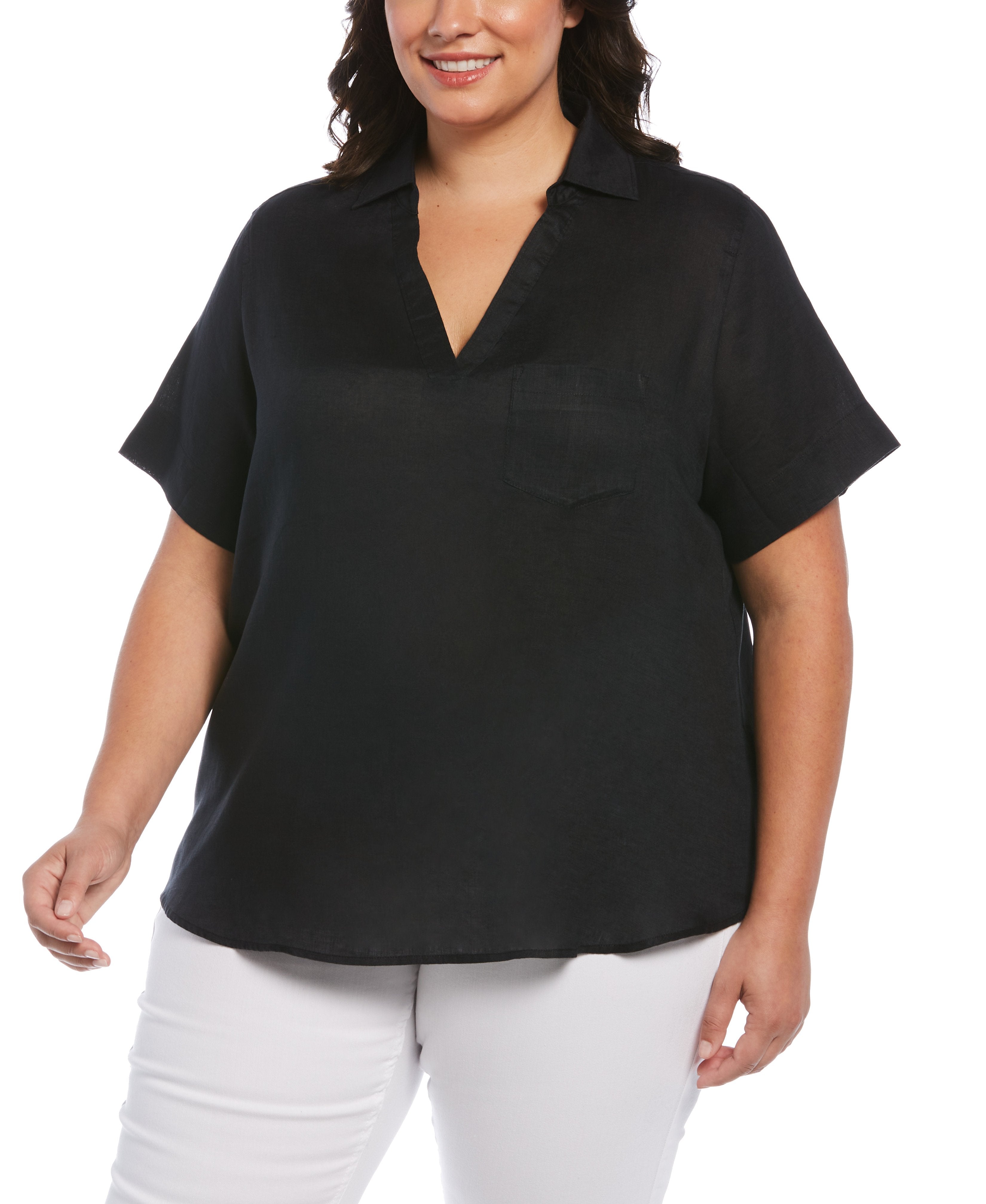 Plus Size Split Neck Linen Top for Women - Breathable Summer Blouse for Casual Wear & Office Outfits