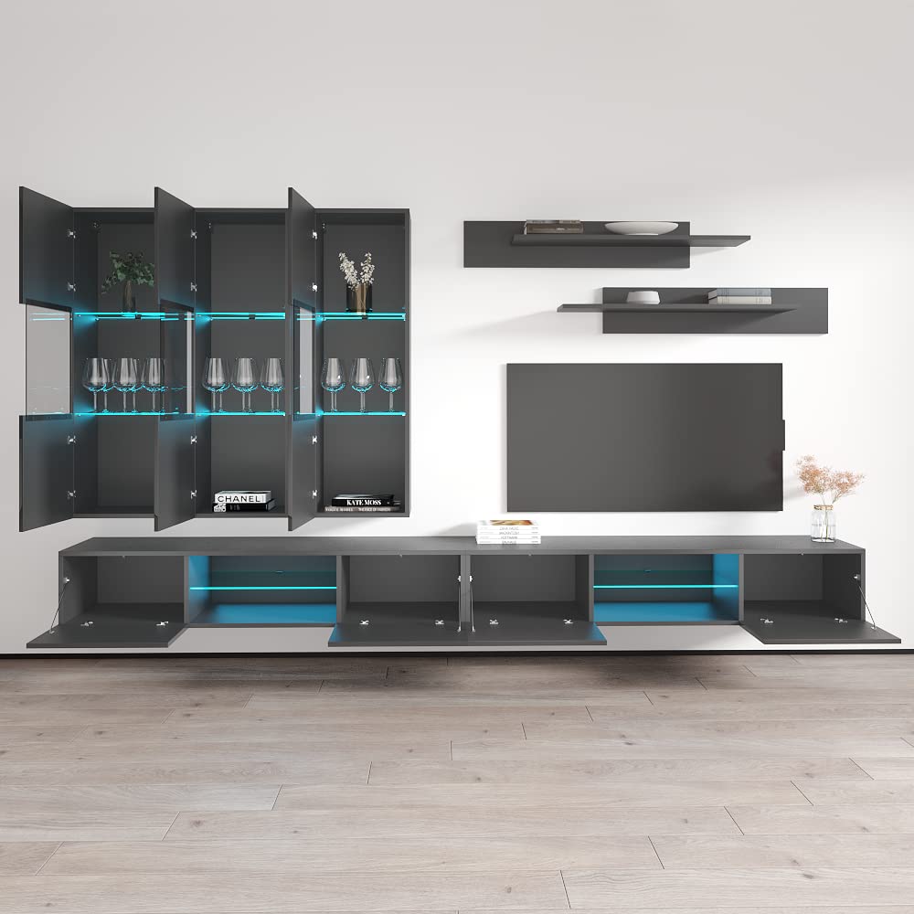 Modern Gray Wall-Mounted TV Stand with Storage Shelves & LED Lights - Meble Fly E33 Entertainment Center Console for Bedroom & Living Room - Perfect for Small Spaces, Home Theater Setup & Stylish Media Organization