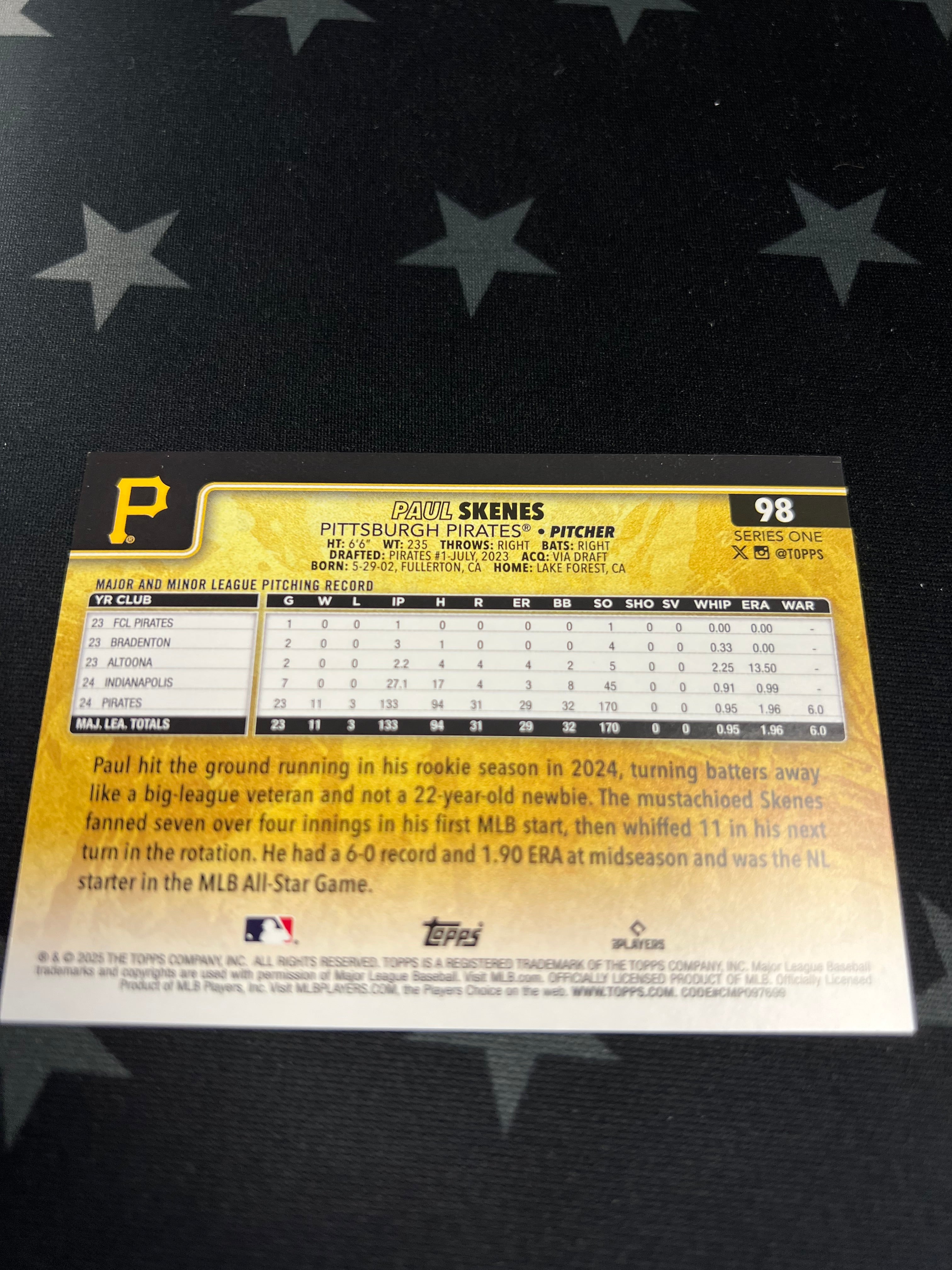 2025 Topps Series 1 Paul Skenes Gold Mirror SSP Rookie Card #98 - Rare Baseball Collectible for Display & Investment