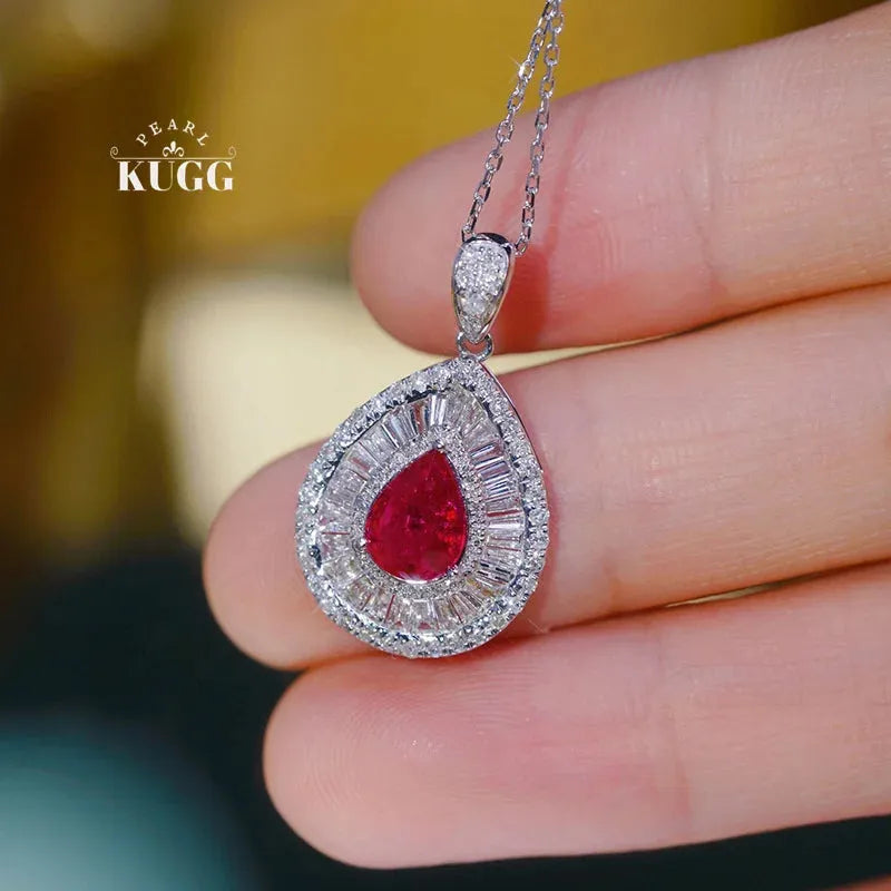 18K White Gold Diamond & Natural Ruby Pendant Necklace for Women - Classic Water Drop Design Luxury Wedding Jewelry - Perfect for Bridal, Anniversary Gifts & Special Occasions