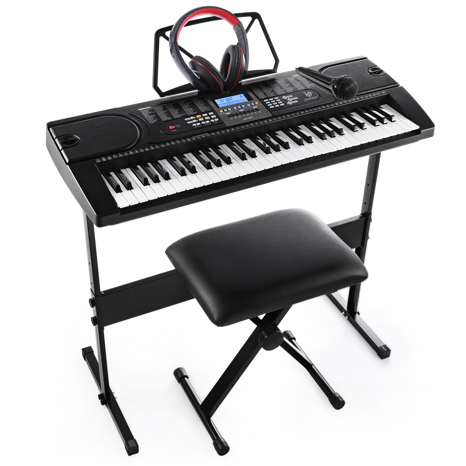 61-Key Electronic Keyboard Set with Headphones, Microphone, Stand, Stool & Power Adapter - Complete Beginner Piano Kit for Home, Studio & Classroom Learning (Black)