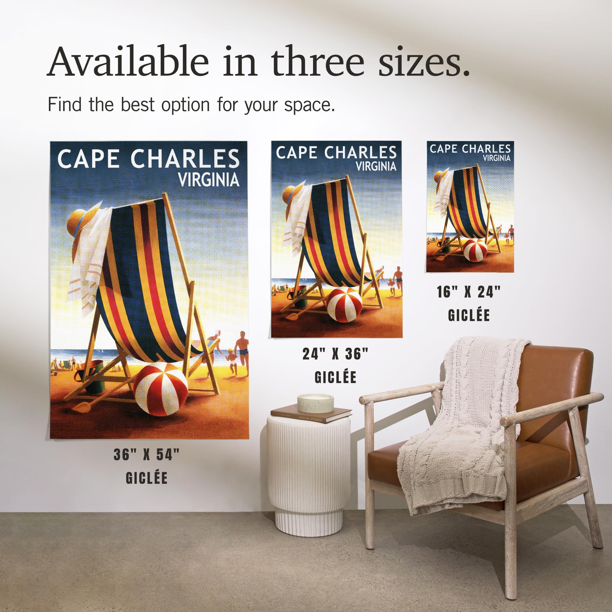 Lantern Press 16x24 Inch Giclee Art Print - Cape Charles Virginia Beach Scene with Chairs & Ball | Coastal Wall Decor for Living Room, Bedroom or Office