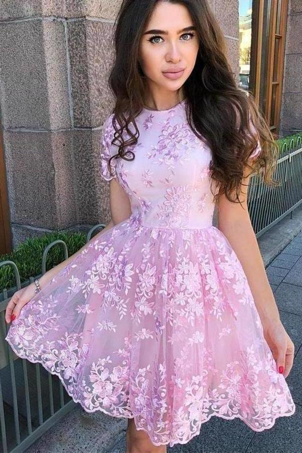 Elegant Pink A-Line Short Sleeve Homecoming Dress with Lace Appliques - Perfect for Prom, Party & Special Occasions | HD0024