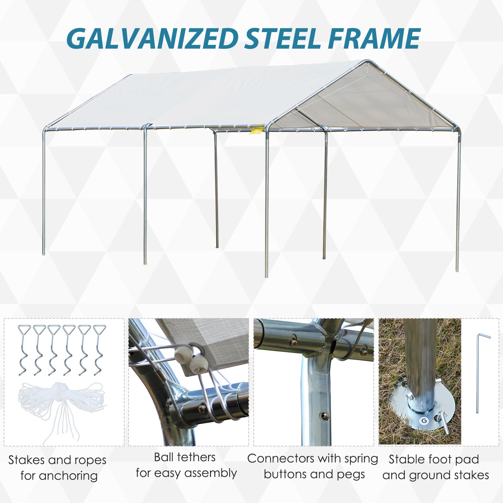 Outsunny 10'x20' Heavy Duty Galvanized Steel Carport Canopy with Anchor Kit & 3 Reinforced Steel Cables - White | Weatherproof Shelter for Cars, Trucks, RVs, Boats & Outdoor Equipment Protection