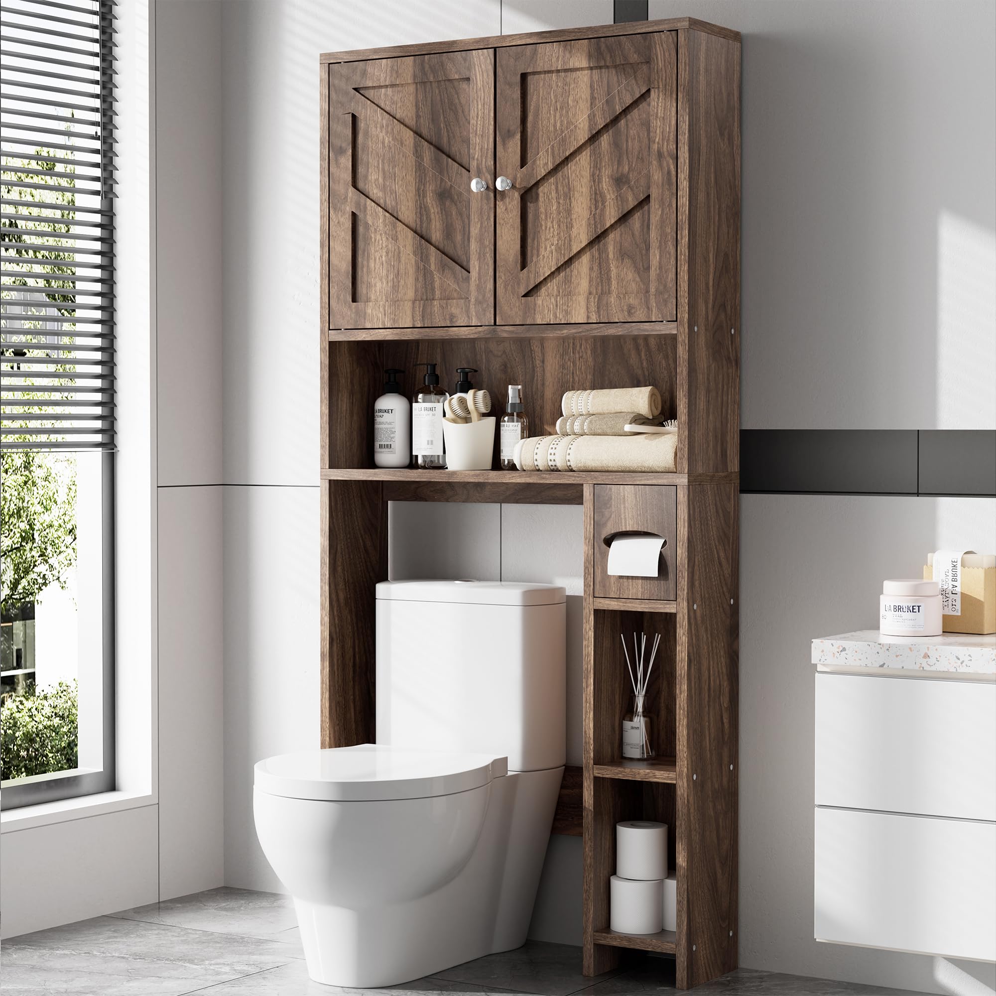Meilocar Over The Toilet Storage Cabinet - Farmhouse Style Bathroom Organizer with Adjustable Shelf & Toilet Paper Holder | Freestanding Space Saver for Small Bathrooms | Perfect for Toiletries, Towels & Bathroom Essentials (Walnut)