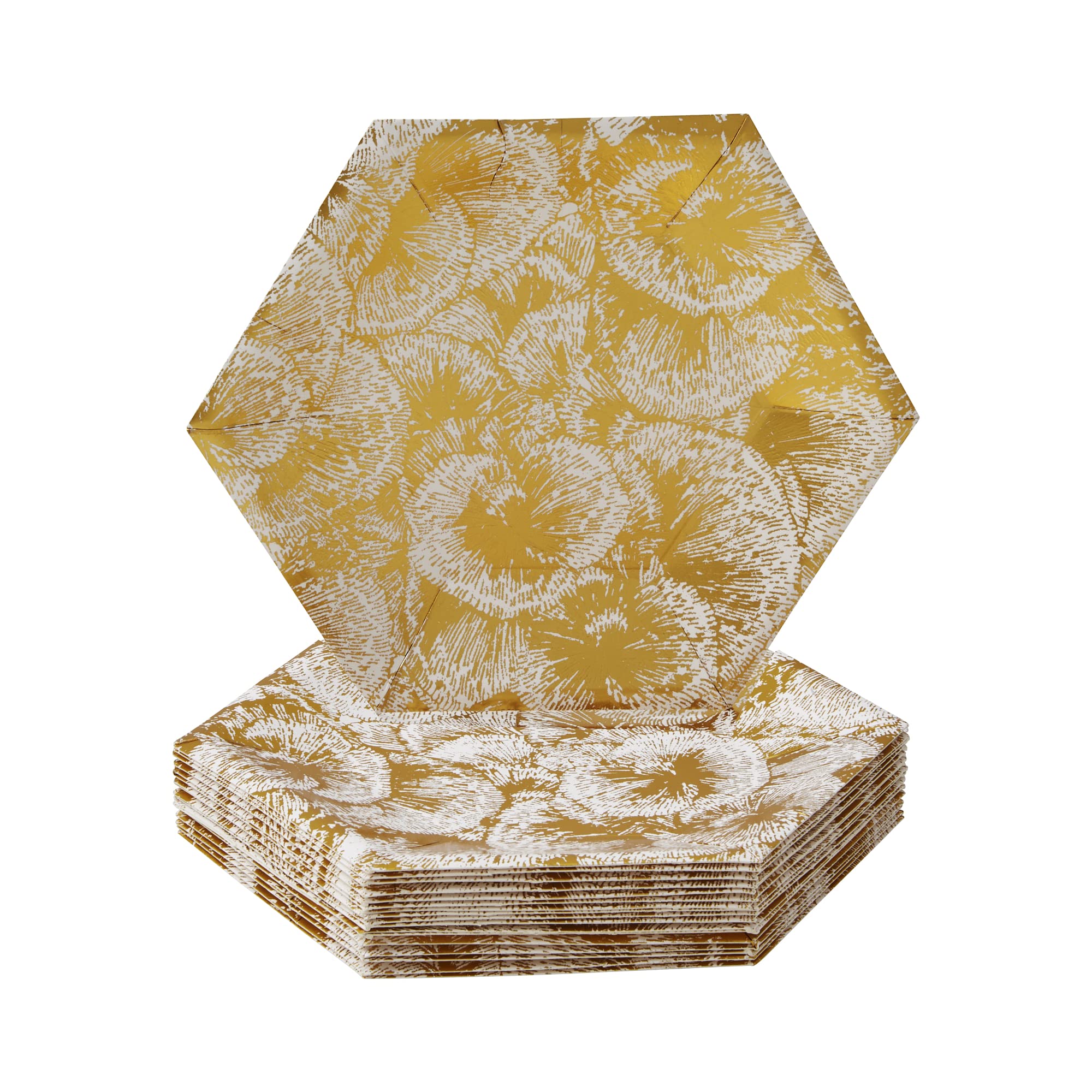 Hexagon Disposable Paper Plates (18 Pc) - 7 Inch Heavy Duty Metallic Floral Print Party Plates for Birthday, Baby Shower, Wedding & Events - Elegant Gold Dinnerware Set for Desserts, Snacks & Cocktail Parties