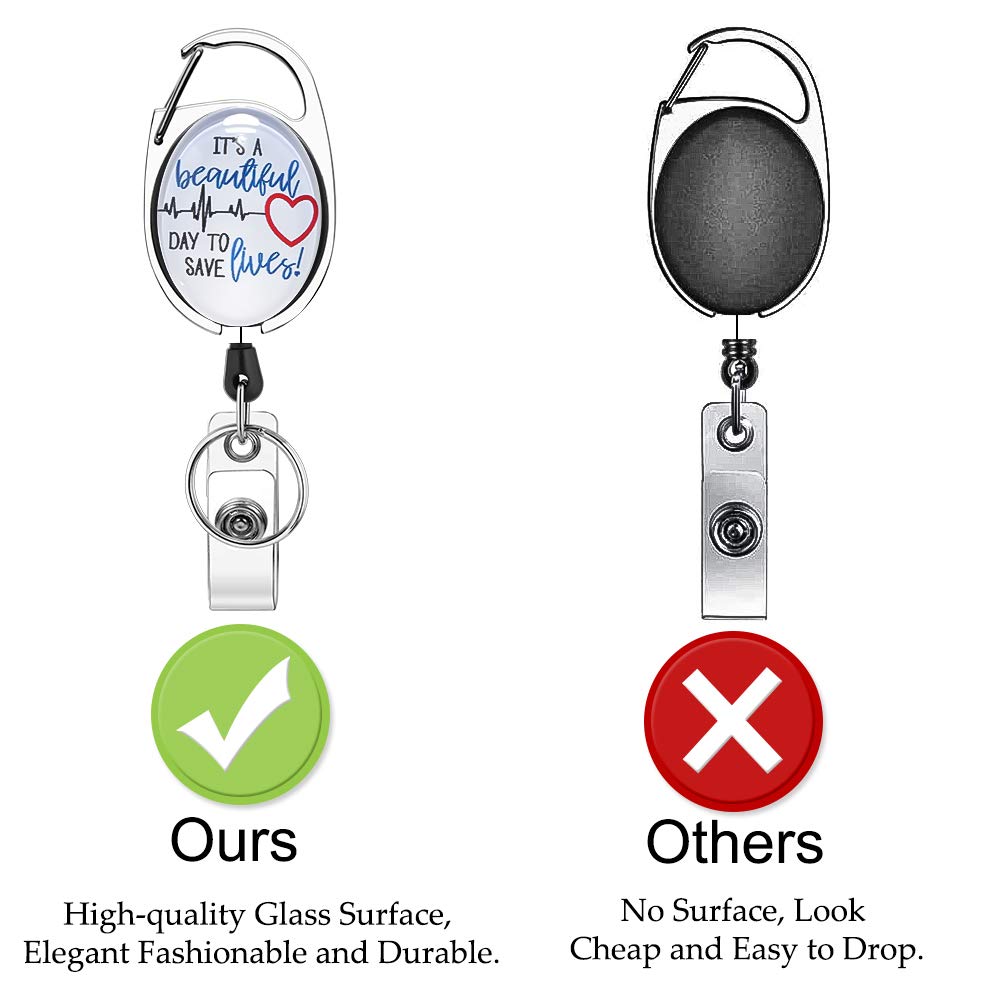 Xoqo Heavy Duty Retractable Badge Reel with Carabiner - 3 Pack Crystal Glass Badge Holders with Belt Clip & Key Ring for Office, Doctor, Nurse - Heartbeat & Stethoscope Design - Ideal for Healthcare Professionals, Hospital Staff & Corporate ID Cards