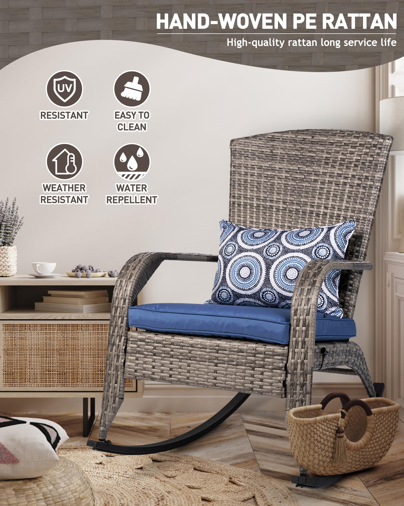 All-Weather Outdoor Rocking Chair - Rattan Patio Rocker with Steel Frame & 2 Replaceable Cushion Covers (Blue & White) - 350lbs Capacity, Grey - Perfect for Garden, Porch, and Backyard Relaxation
