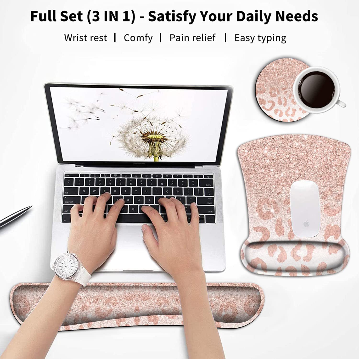 Pink Leopard Star Pattern Ergonomic Keyboard Wrist Rest & Mouse Pad Set - Gel Cushion Support for Pain Relief, Memory Foam Wrist Support with Coasters - Perfect for Office, Gaming & Computer Workstations