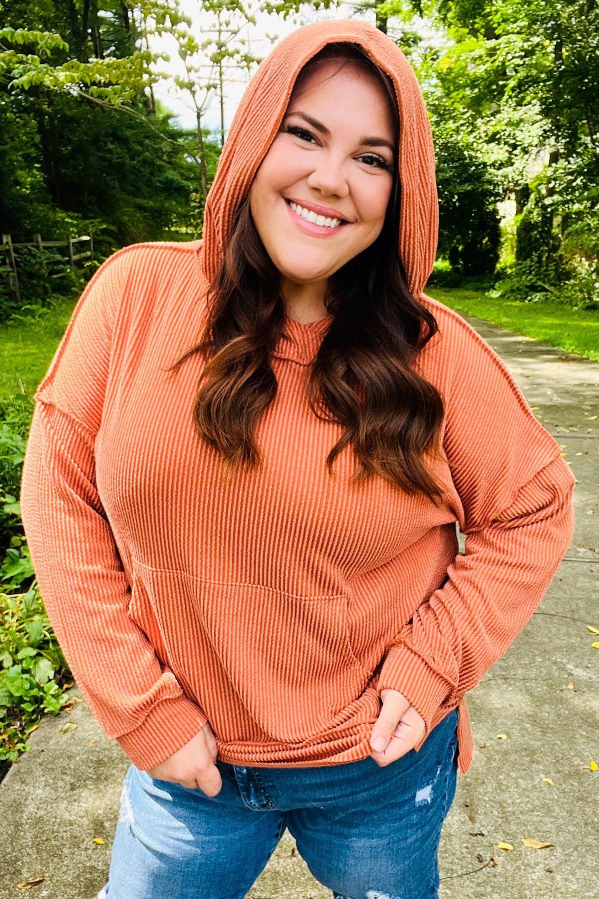 Cozy Days Rust Mineral Wash Rib Knit Hoodie - Soft Vintage Pullover for Women & Men | Perfect for Fall Layering, Casual Outfits & Loungewear