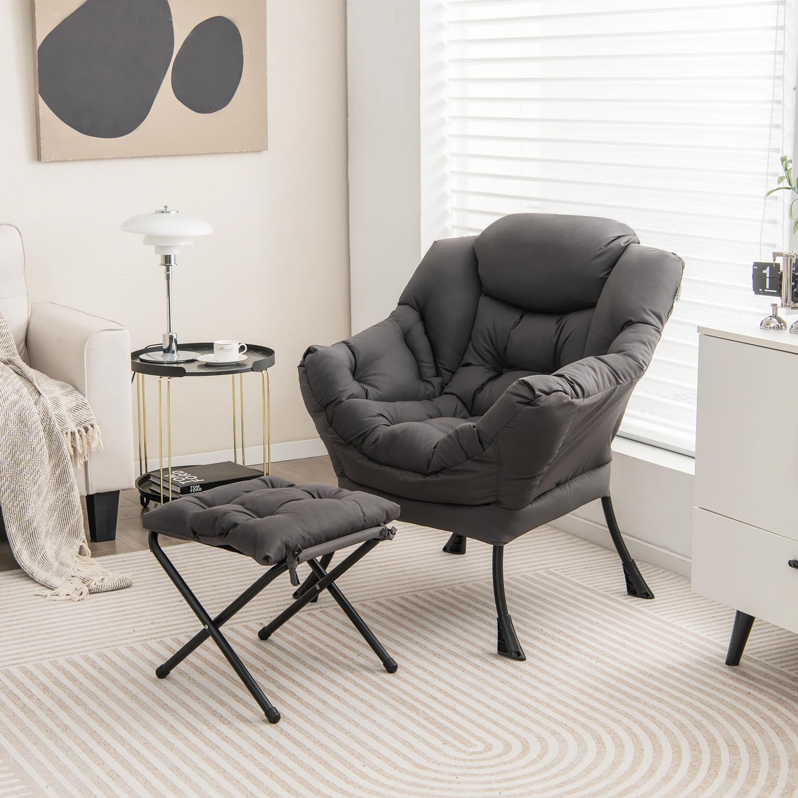 Giantex Oversized Lazy Chair with Ottoman - Gray Upholstered Lounge Armchair with Foldable Footrest & Side Pocket - Perfect for Living Room, Bedroom, Office & Small Space Relaxation