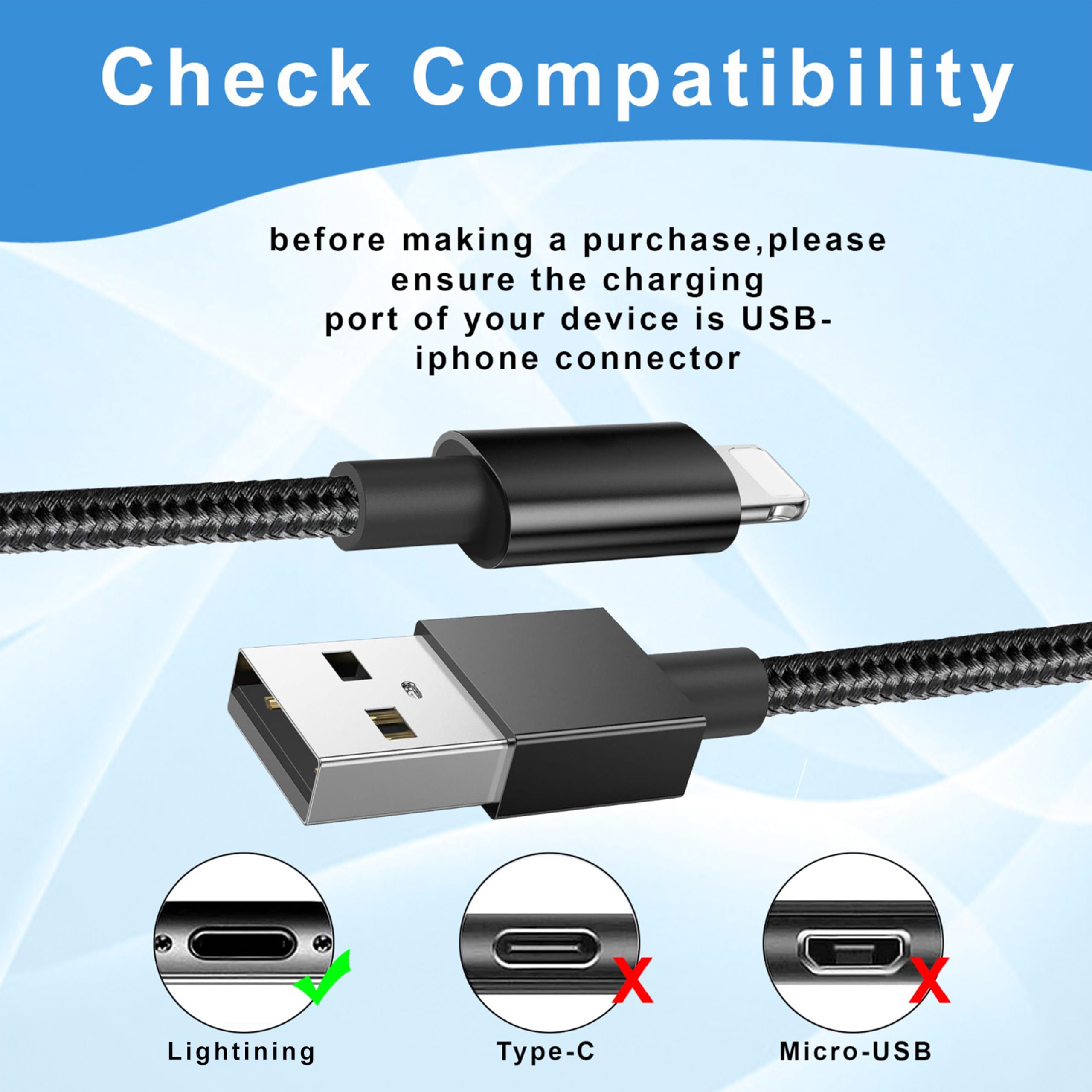 Xen-Tech 1M USB Fast Charging Cable for iPhone 13/12/11/SE/XR/XS/X/8/7, iPad Mini/Air, iPod - Durable Nylon Braided Lightning Cable for Home, Office, Car & Travel