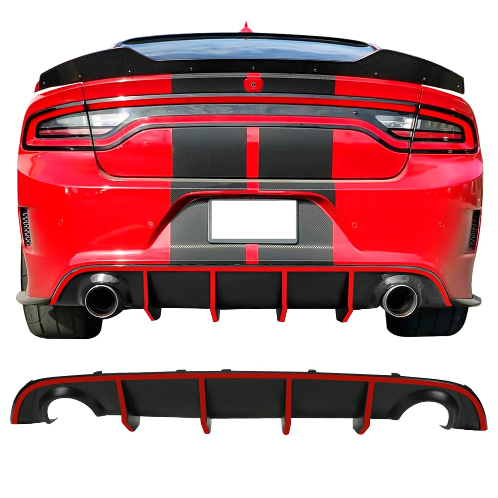 IKON MOTORSPORTS V2 Style Rear Diffuser with Red Reflective Tape - Compatible With 2015-2023 Dodge Charger SRT | Aggressive Styling Upgrade for Street Racing & Car Shows