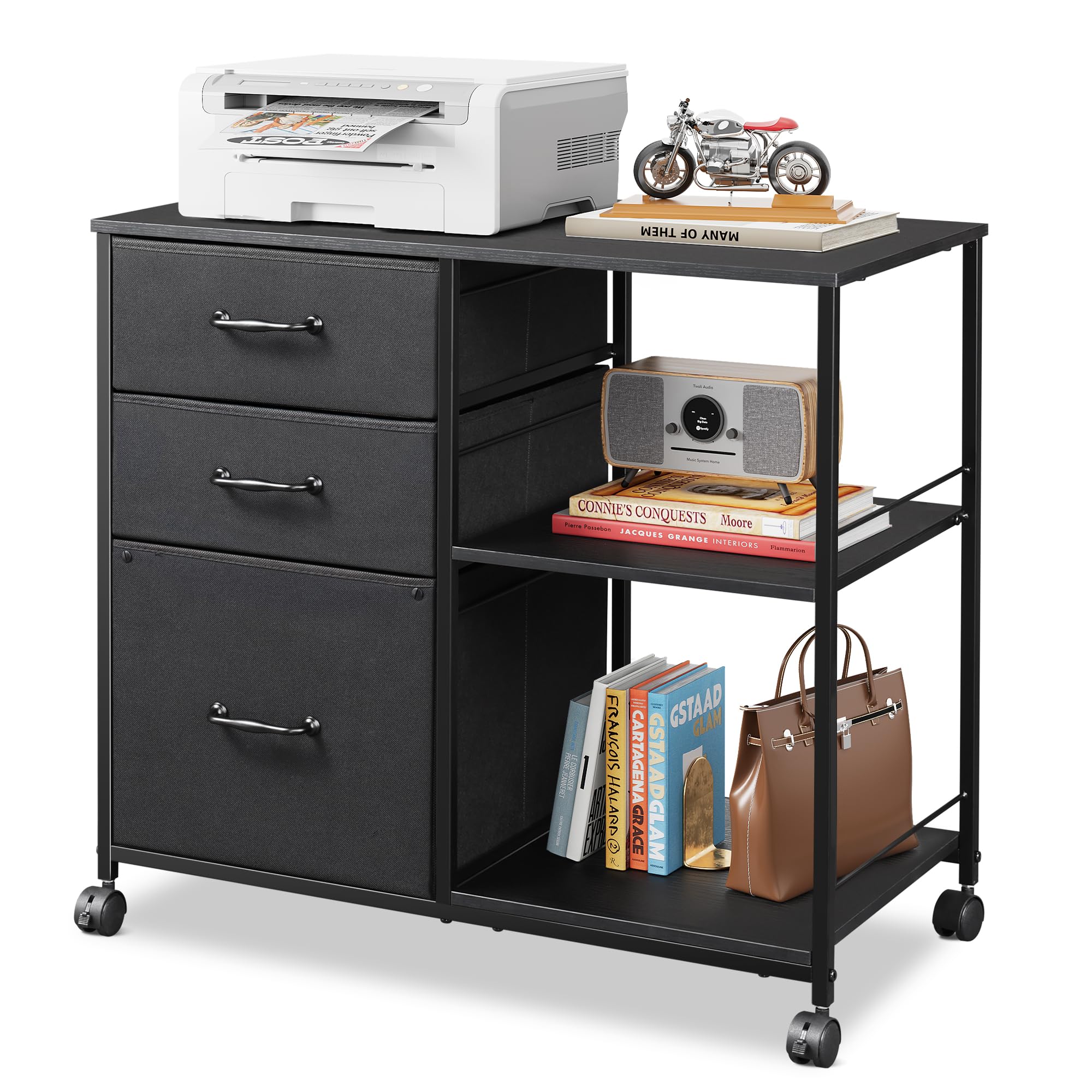 DEVAISE 3-Drawer Mobile File Cabinet with Wheels - Rolling Printer Stand with Open Storage Shelf - Fabric Lateral File Organizer for A4/Letter Size Documents - Perfect for Home Office Organization (Black) - Ideal for Small Spaces & Workspace Storage Solutions