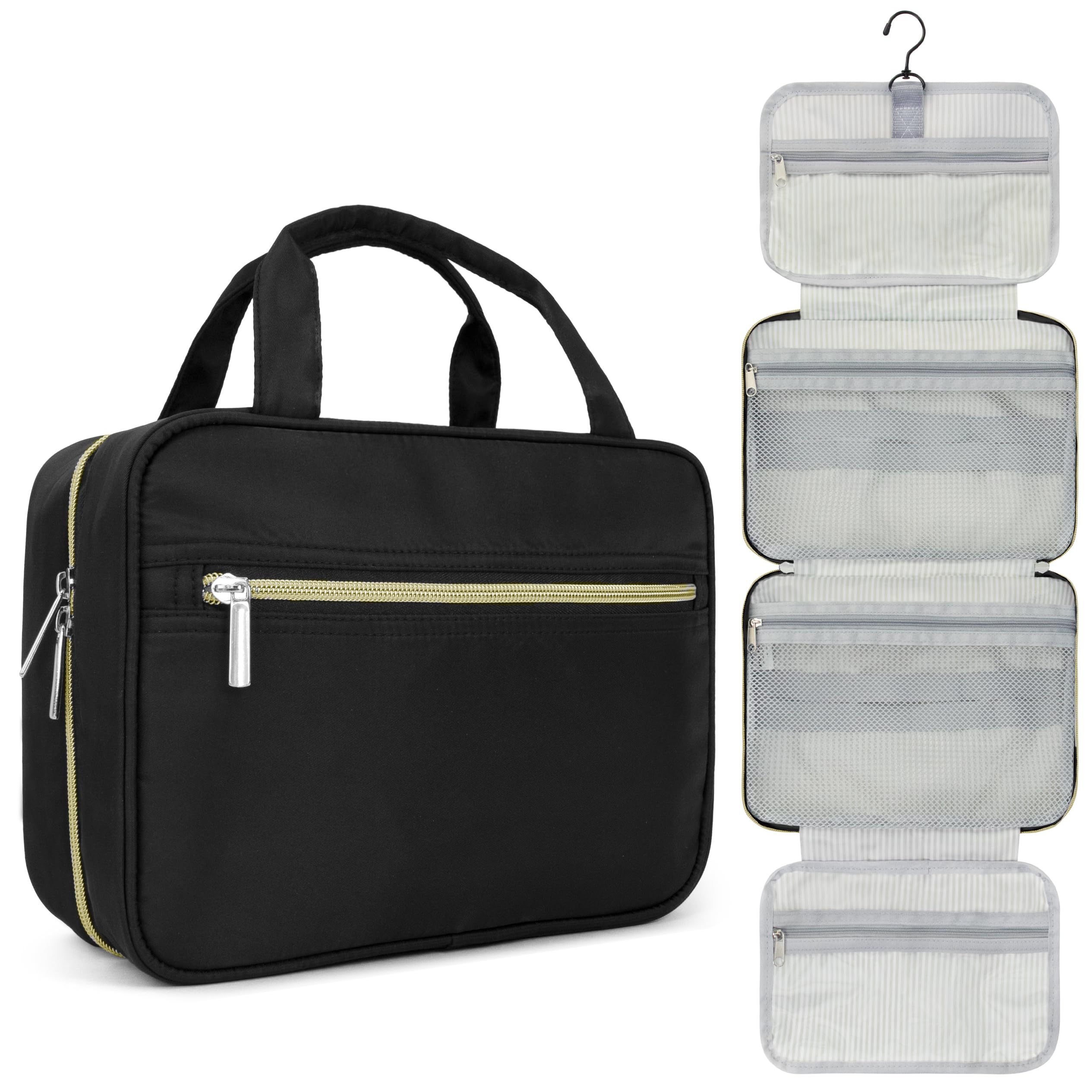 PAVILIA Hanging Toiletry Bag for Travel - Foldable Cosmetic Organizer & Water-Resistant Makeup Bag for Women & Men - Large Travel Essentials Kit (Black Gold) - Perfect for Camping, Gym, Business Trips & Vacation