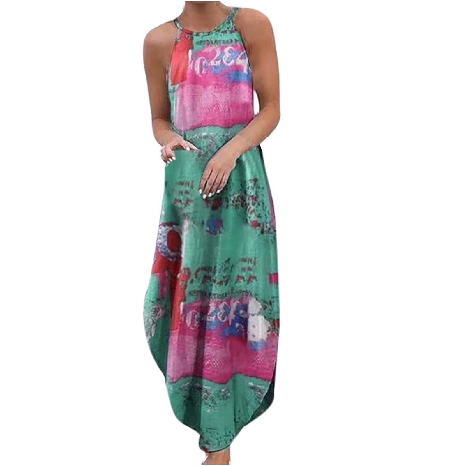 Wirziis Women's Summer Floral Halter Neck Sleeveless Long Dress - Loose Beach Sundress for Vacation, Pool Party & Casual Outings