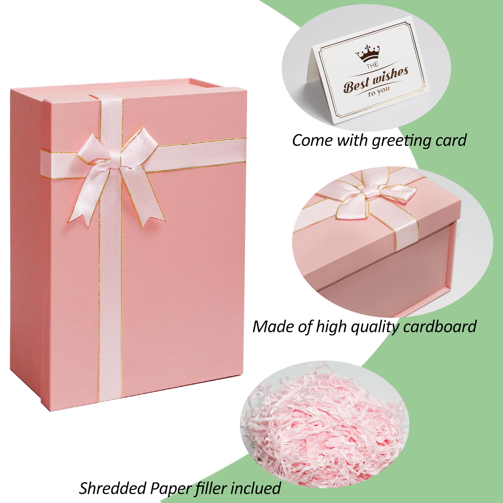 Elegant Pink Gift Box with Lid - 11.3x8.2x4.1 Inch Large Present Box Includes Shredded Paper Fill & Greeting Card - Perfect for Birthday Gifts, Wedding Favors, Anniversary Presents & Special Occasions