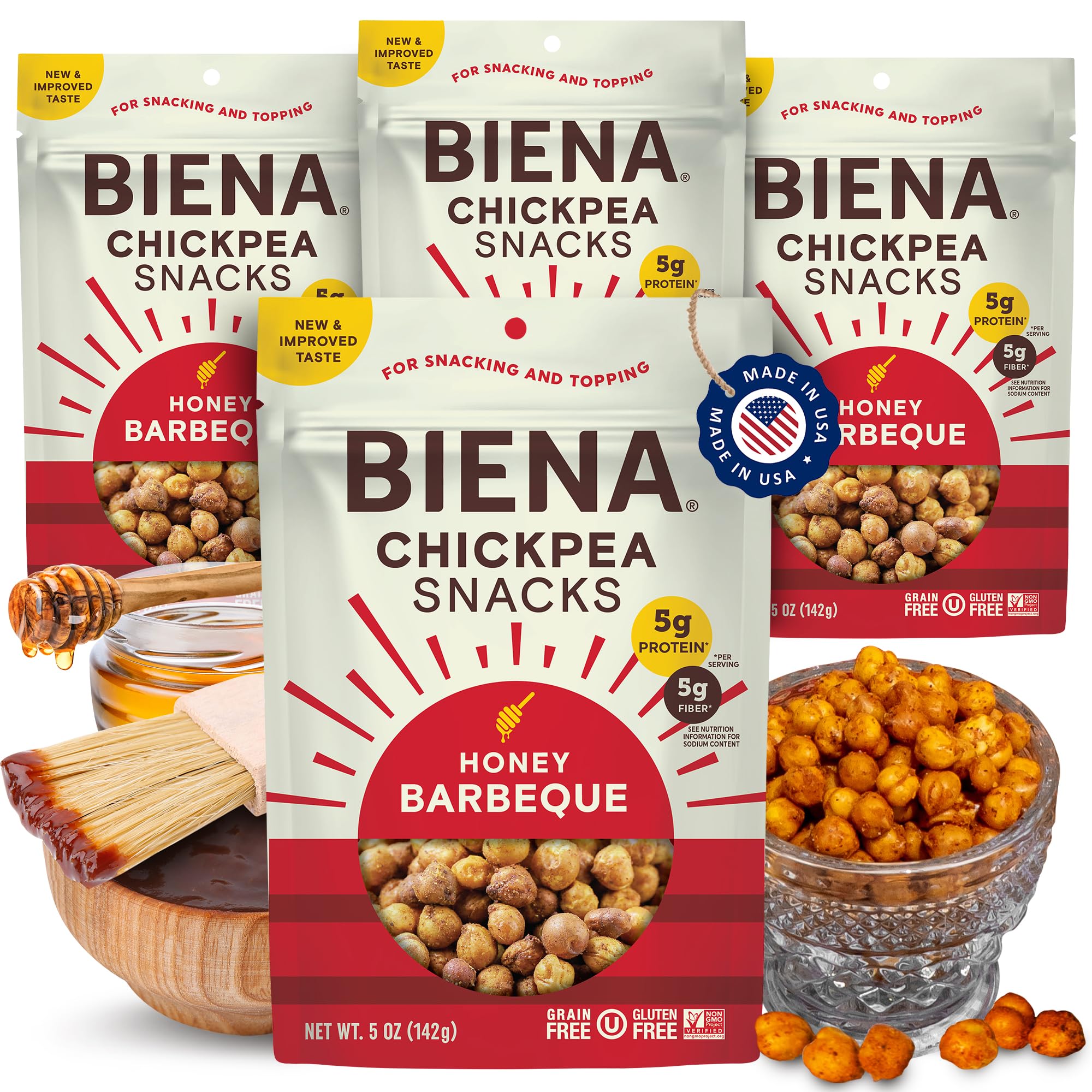 BIENA Crunchy Roasted Chickpea Snacks - High Protein & Fiber Healthy Snack for Adults & Kids - 4 Pack (5oz Bags) - Barbecue Flavor - Perfect for On-the-Go, School Lunches & Office Snacking