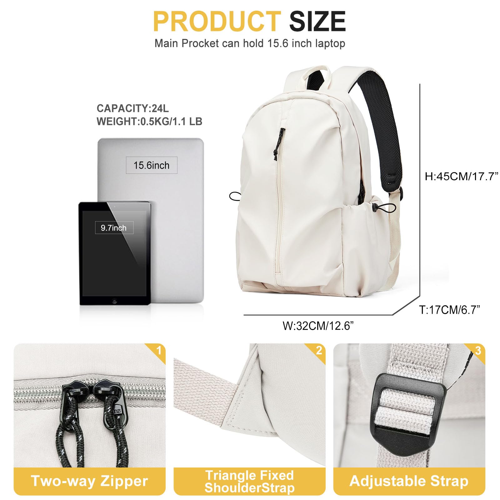 Weradar Stylish Waterproof College Backpack for Women & Men - Fashionable Student Bookbag with Laptop Compartment | Perfect for High School, University, Travel & Daily Commute (Beige)