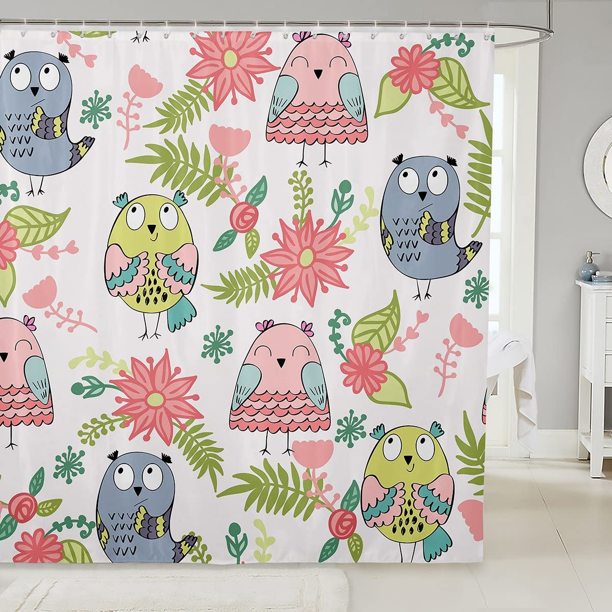Feelyou Cartoon Owls Design Waterproof Bathroom Shower Curtain Set - 72x84 Inch Cute Owl & Floral Pattern Bathtub Curtain for Kids Bathroom Decor - Perfect for Nursery, Children's Bathroom & Themed Home Decor